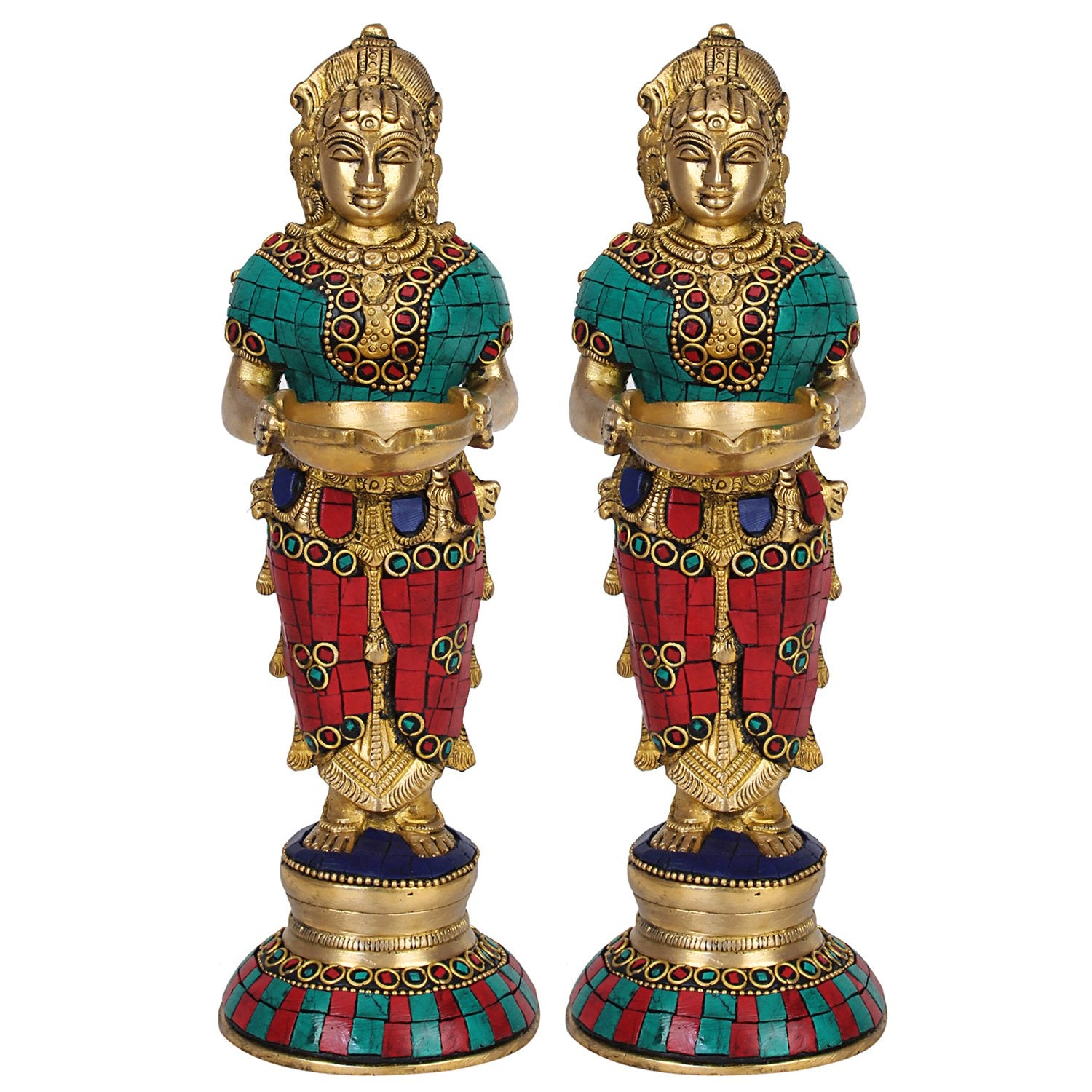 ARTVARKO Brass Laxmi Vilakku Diya Welcome Lady Pair 9 Inch | Deepalakshmi Oil Lamp Set of 2 for Pooja Room, Home Temple, Diwali Decoration & Spiritual Home Décor