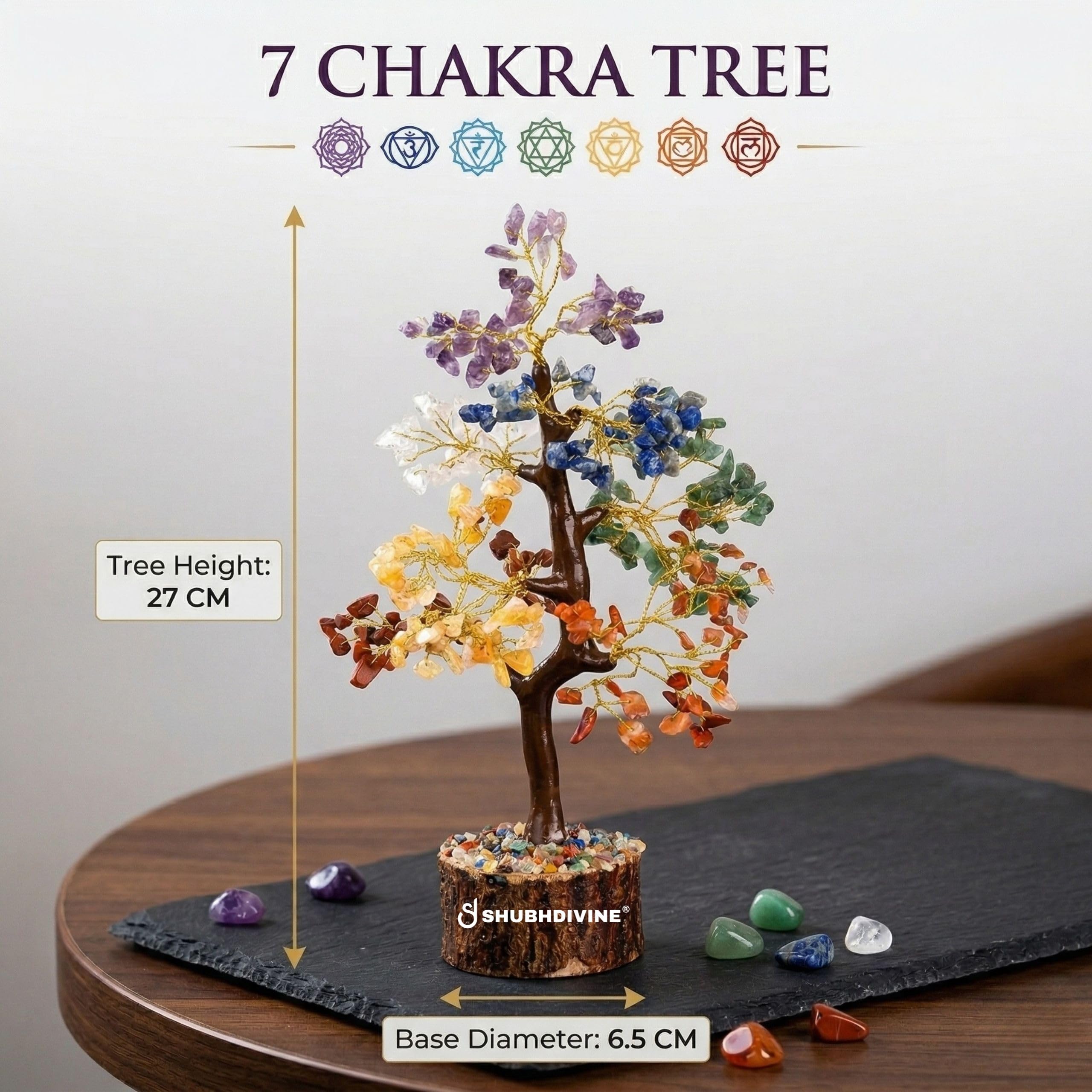 Shubhdivine 7 Chakra Crystal Tree 300 Beads Certified Natural Stones Feng Shui Bonsai Home Decor Gift Item for Positive Energy and Good Luck