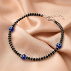 925siller Pure 925 Sterling Silver Evil Eye Anklet for Women & Girls | Black Beaded Nazariya Payal | Adjustable Stylish Anklet for Everyday Wear
