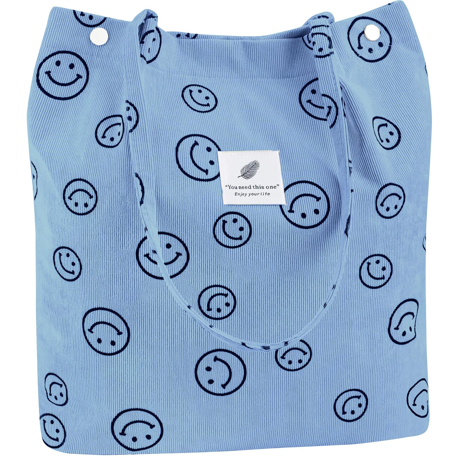 Kawn® Women Corduroy Tote Bag Canvas Shoulder Purse Reusable Shopping Bag Grocery Bag Large Capacity Washable Handbag Girls Shoulder Bag with Inner Pocket For Daily Use Work Travel (Smiley Sky Blue)