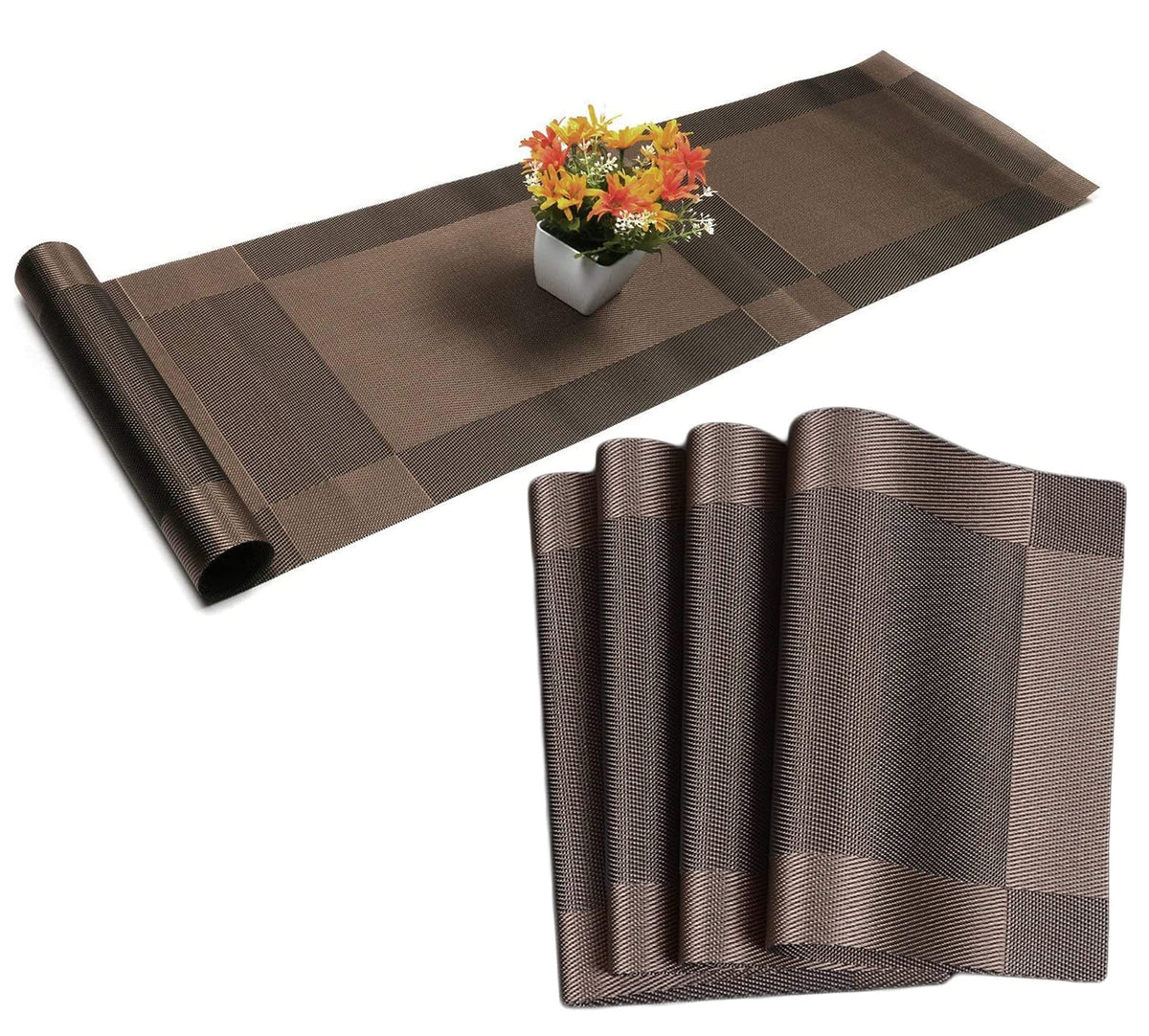 WOODTULA Placemats and Table Runner - Heat-Resistant Mats for Dining Table - Kitchen Set (4-Piece Placemats, 1-Piece Runner, Brown) Kafalo