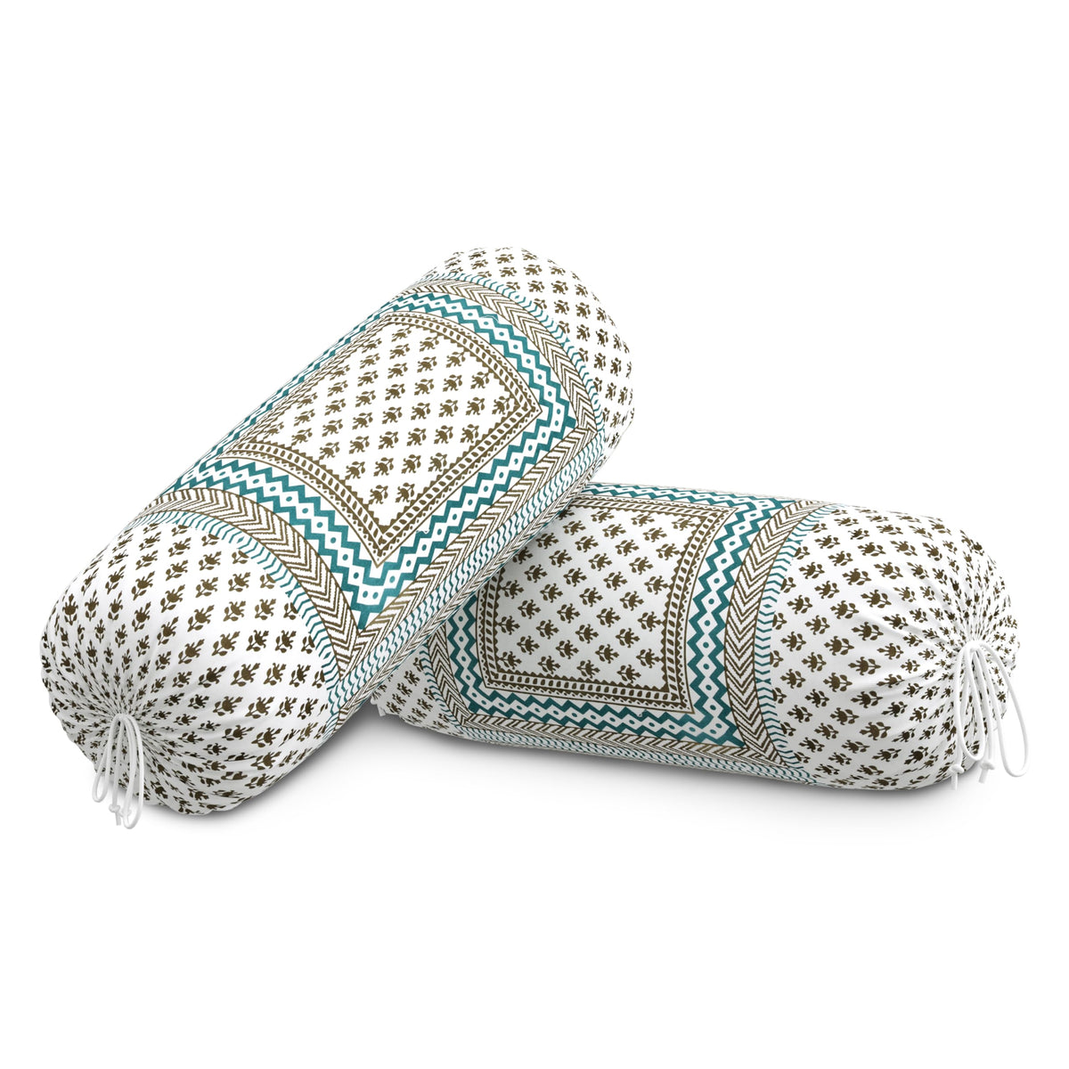 BLOCKS OF INDIA Cotton Hand Block Printed Bolster Cover | Booster Cover with Drawstring | Round Long Pillow Cover for Bed | Dewan Pillow Cover Set 16 X 32 | Set of 2 (Green BUTI)