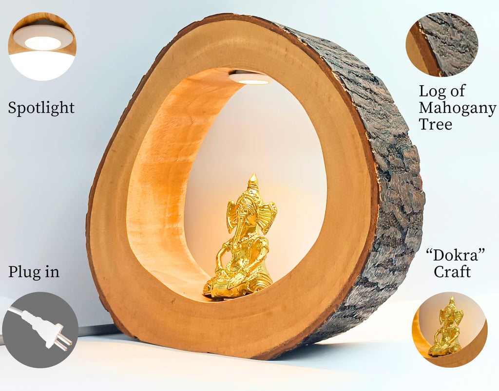 NESTED AURA Enchanting Mahogany Log with Handcrafted Dokra Figurine & LED Spotlight | Unique Home Decor Items for Living Room, Bedroom, or Office | Rustic Charm,Natural Imperfections | 18 cm