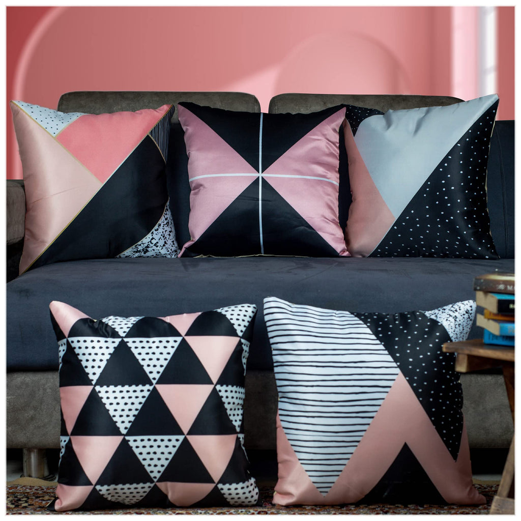 Vendola Decorative Satin Sofa Cushion Covers Set of 5, 20 inch x 20 inch, Sofa Pillow Cover, Black and Pink, Geometrical Design, Zipper Closure (Bellarina, 20X20 Inches)