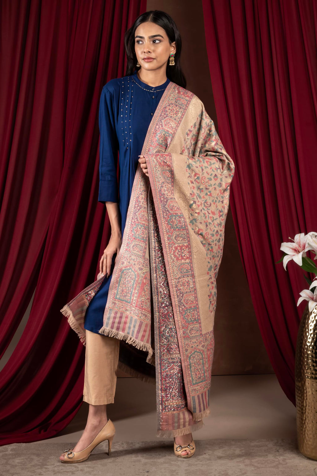 Naureen Women Faux Pashmina Kani Shawl with Mughal Artwork and Zari Accents, Warm and Soft, 40x80 inch