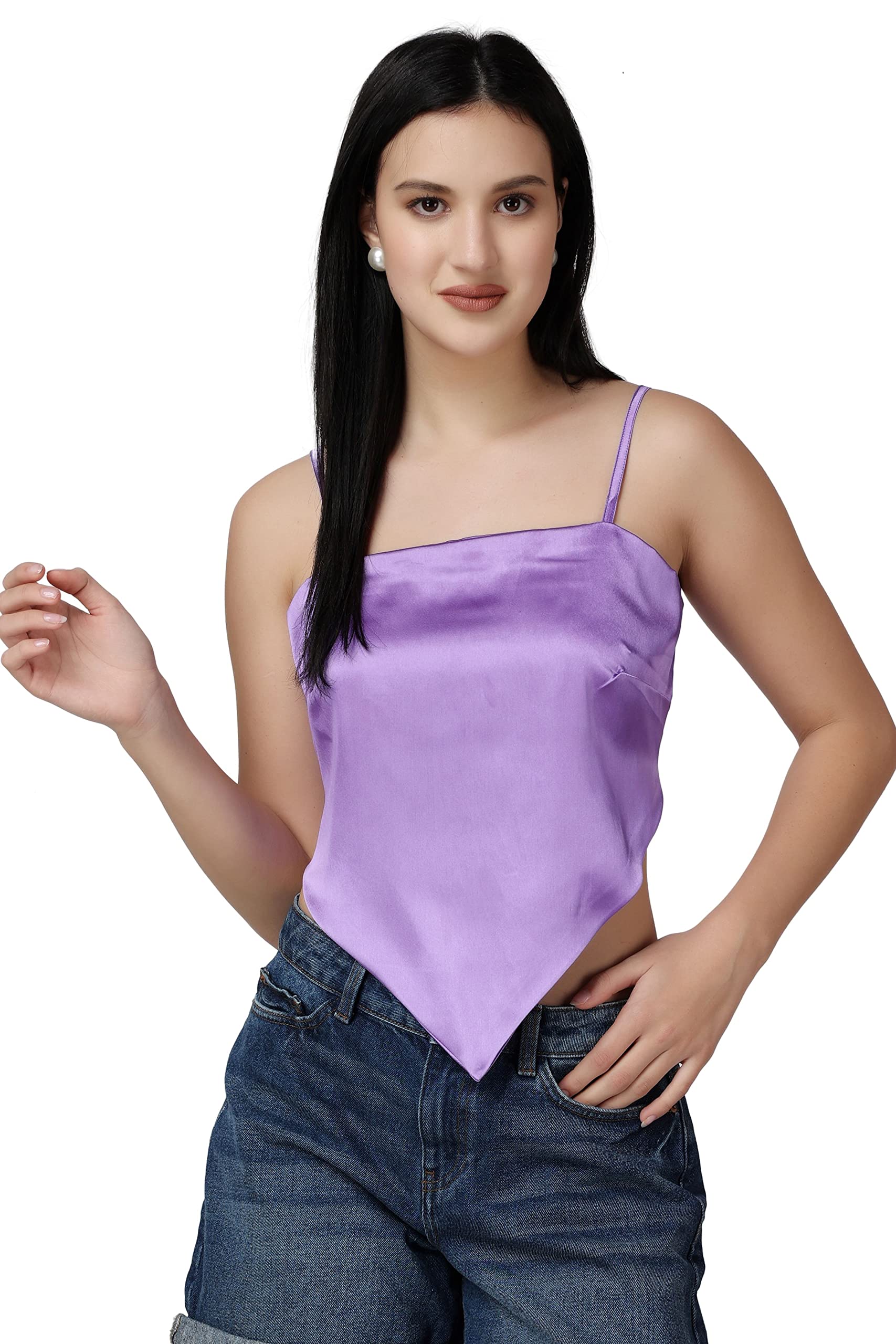 Popwings Women Casual Purple Satin Scarf Knot Solid Crop Top