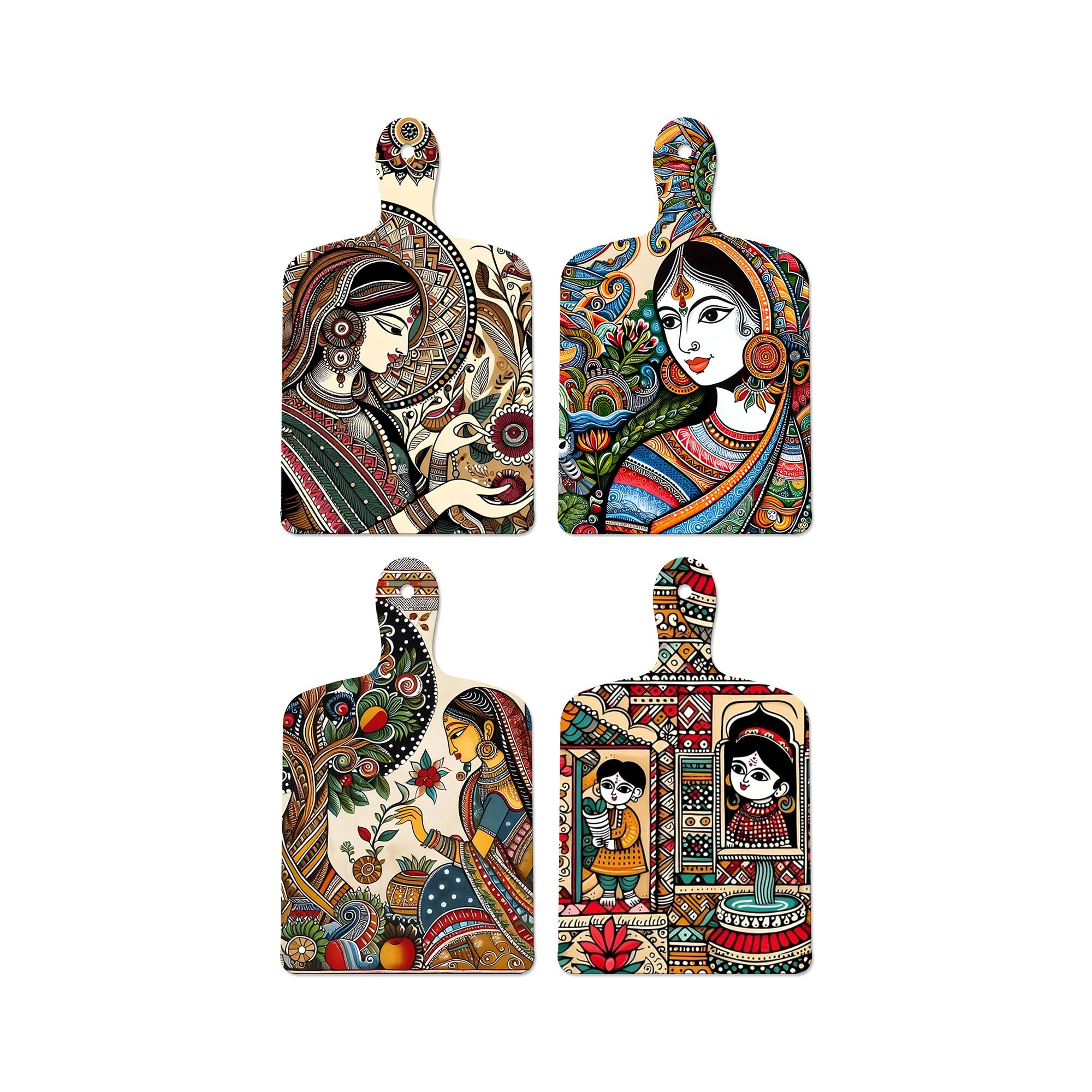 Artvibes Beautiful Women Planting Tree Royal Madhubani Art Wooden Art Decoration Item for Living Room | Printed Wall Decoration | Art Print | Graphic Artwork | Unique Gift Items (WH_5632N), Set of 4