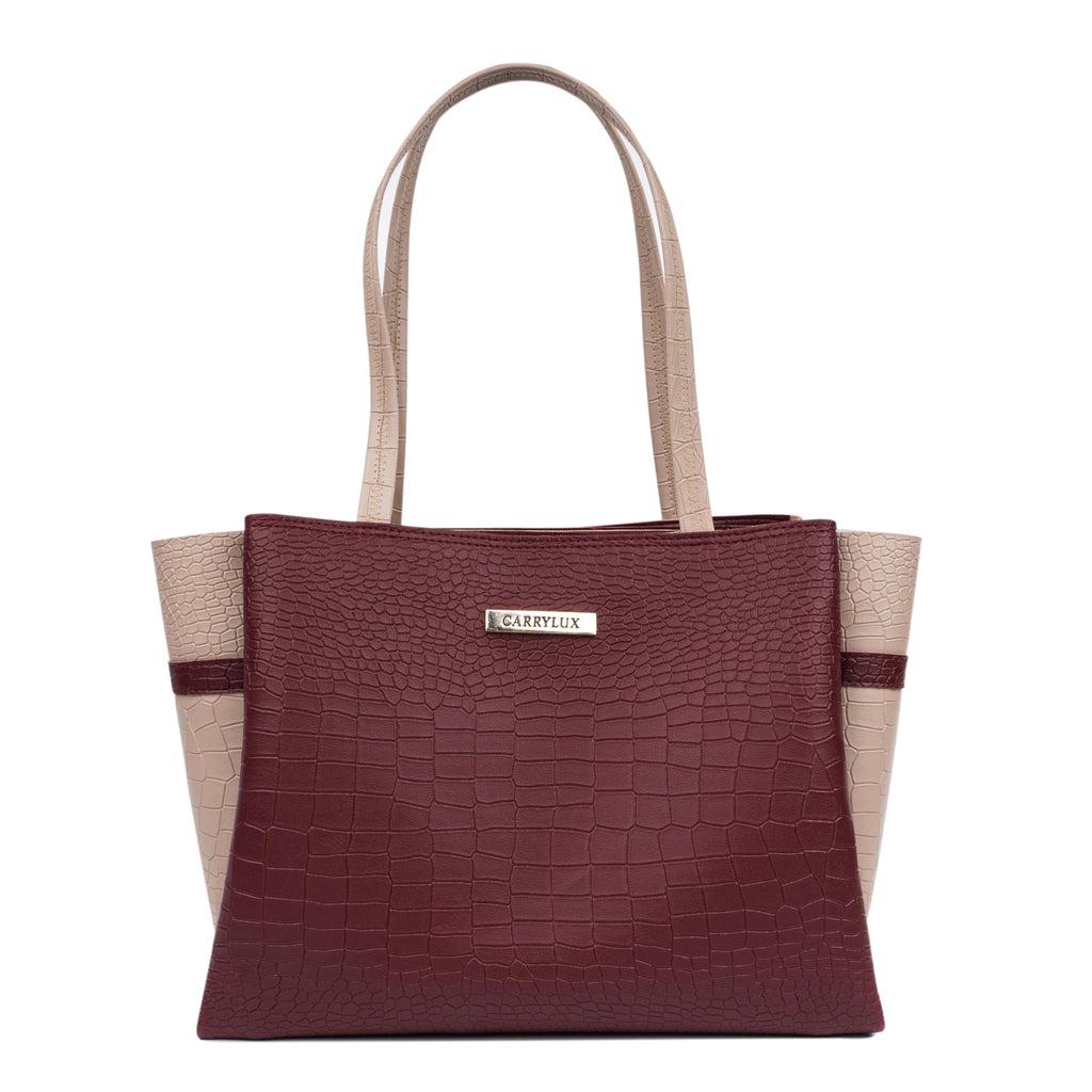 Carrylux Dual Tone Large Capacity Croco Pattern Tote Handbags Purses Shoulder Bag For Womens (Maroon)