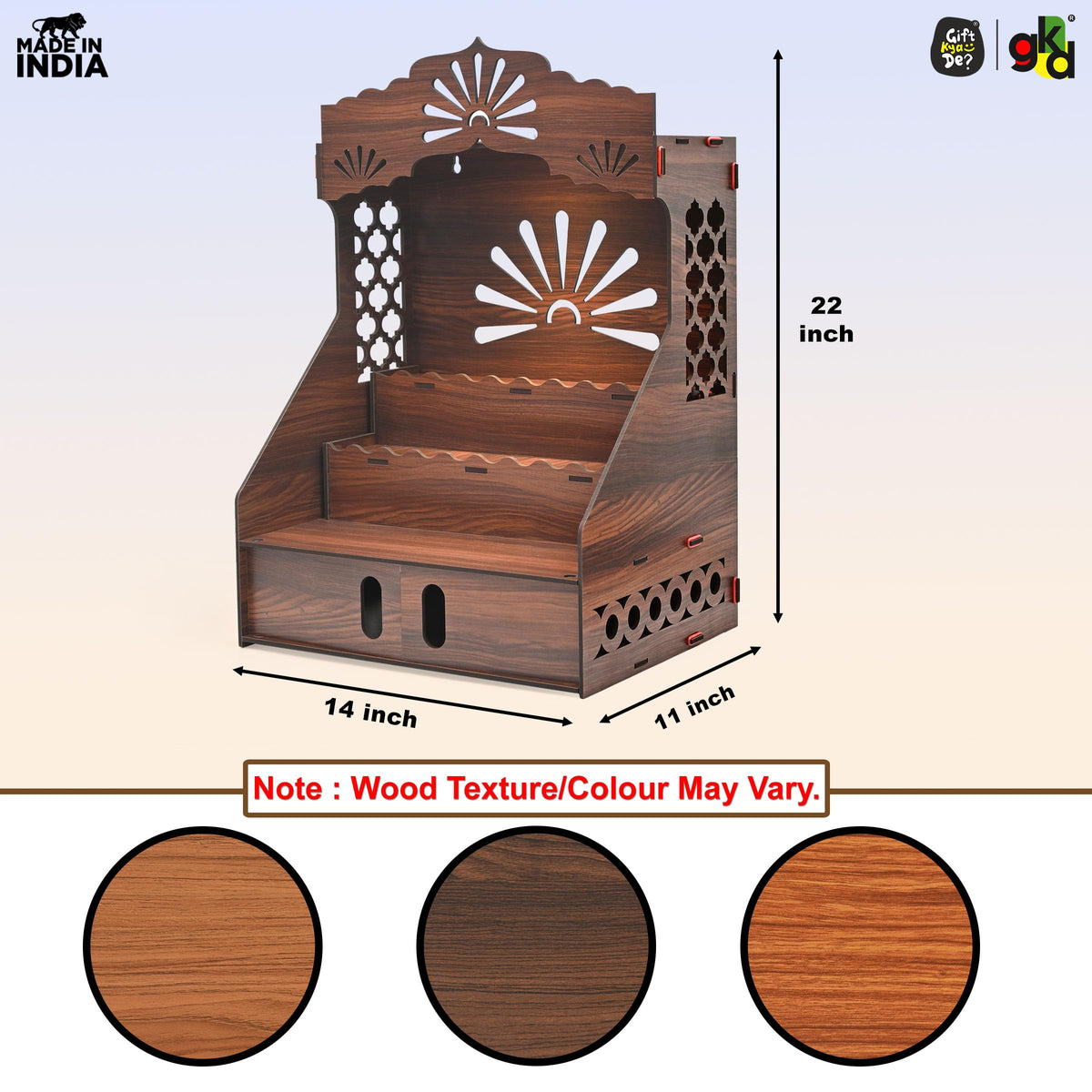 Gift Kya De Wooden Temple for Home with Storage, Step Mandir 22 x 14 x 11 Inch, Wall Mount & Tabletop Pooja Mandir, DIY Assembly Home Temple for Living Room, Office & Prayer Room