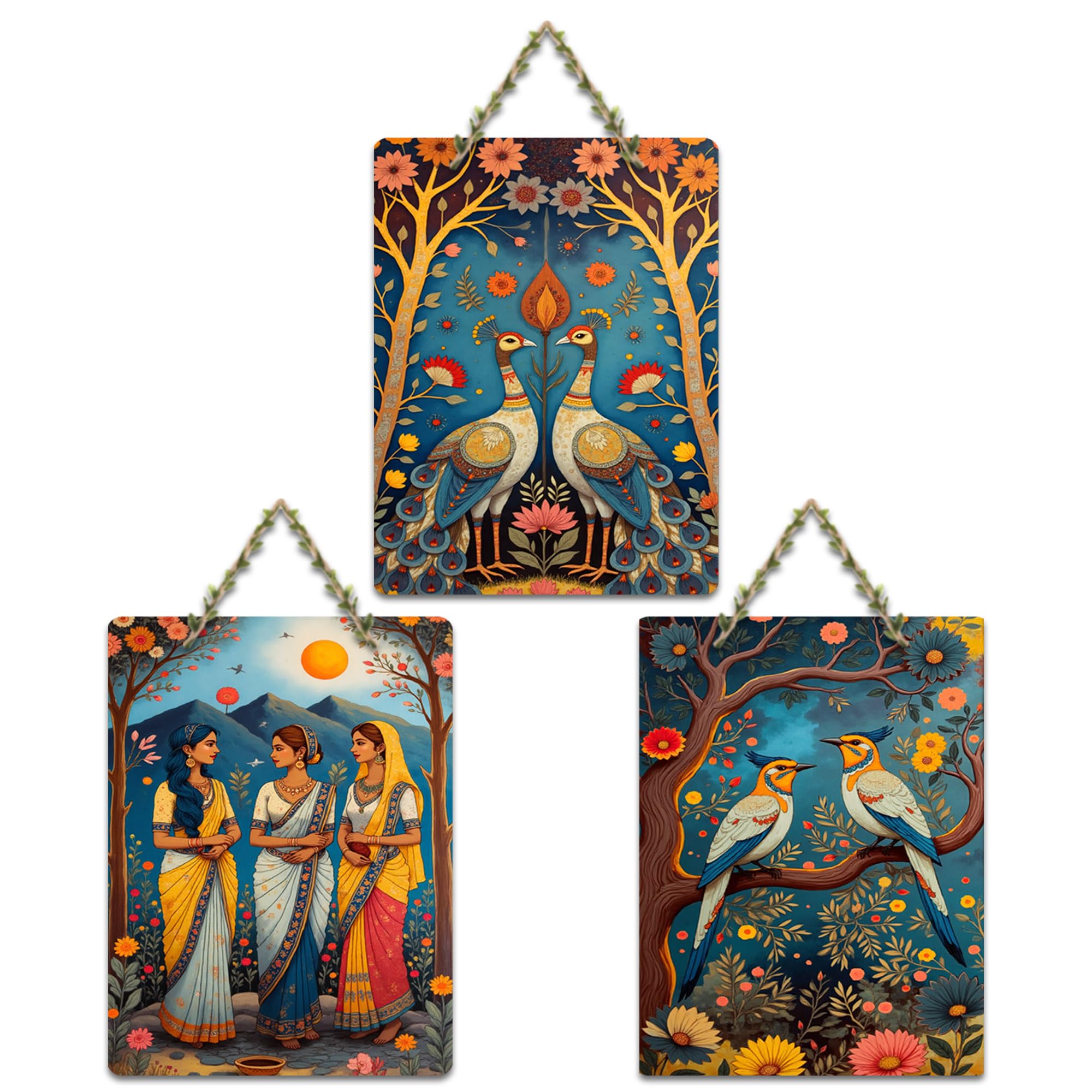 Artvibes Traditional Indian Artwork Decorative Wall Art MDF Wooden Wall Hanger for Home | Handcrafted Art | Festive Decor | Wall Poster | Paintings For Wall | Unique Gift (WH_96112N), Set of 3