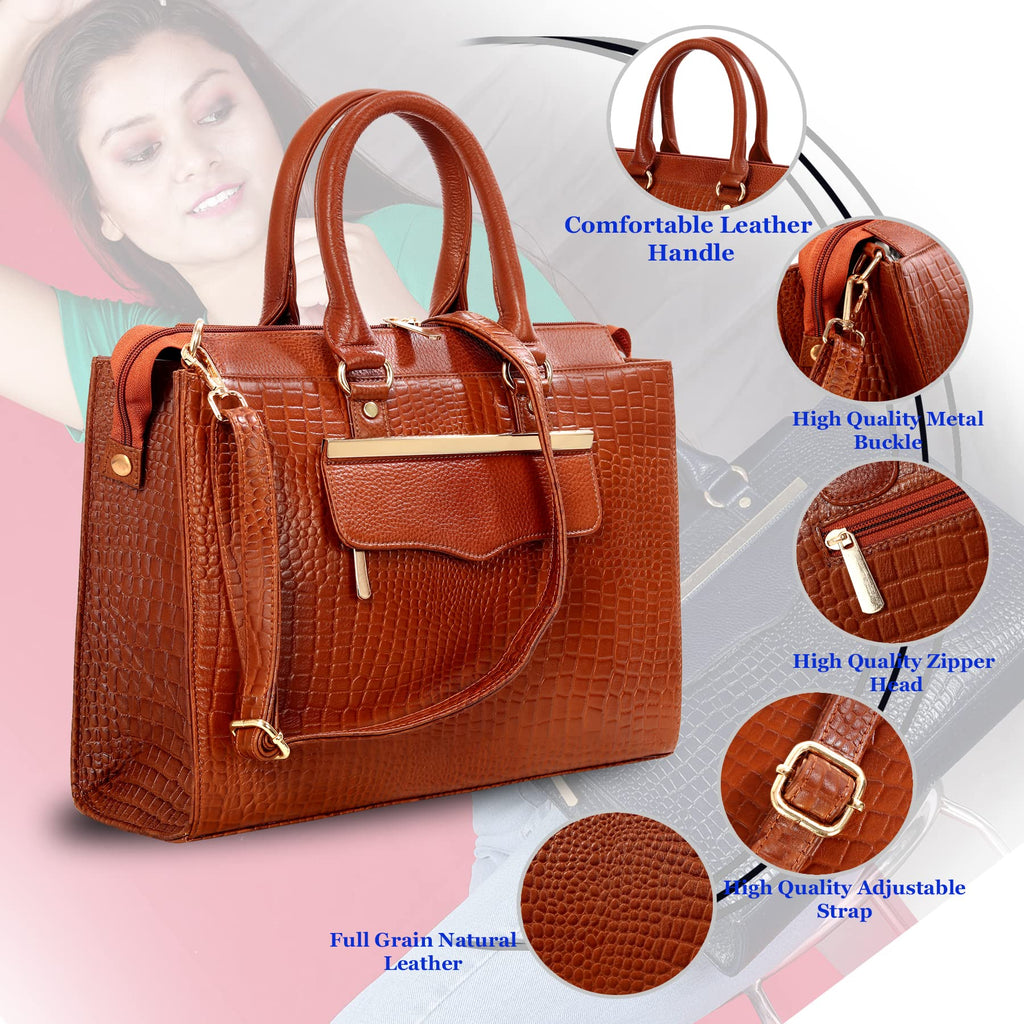 HYATT Leather Accessories Full-Grain Cro Leather Top-Handle satchels Tote Handbags & Shoulder Sling Bags For Women Office Branded Size- L-13.5 X H-10.5 x W- 4.6 Inch (TAN)