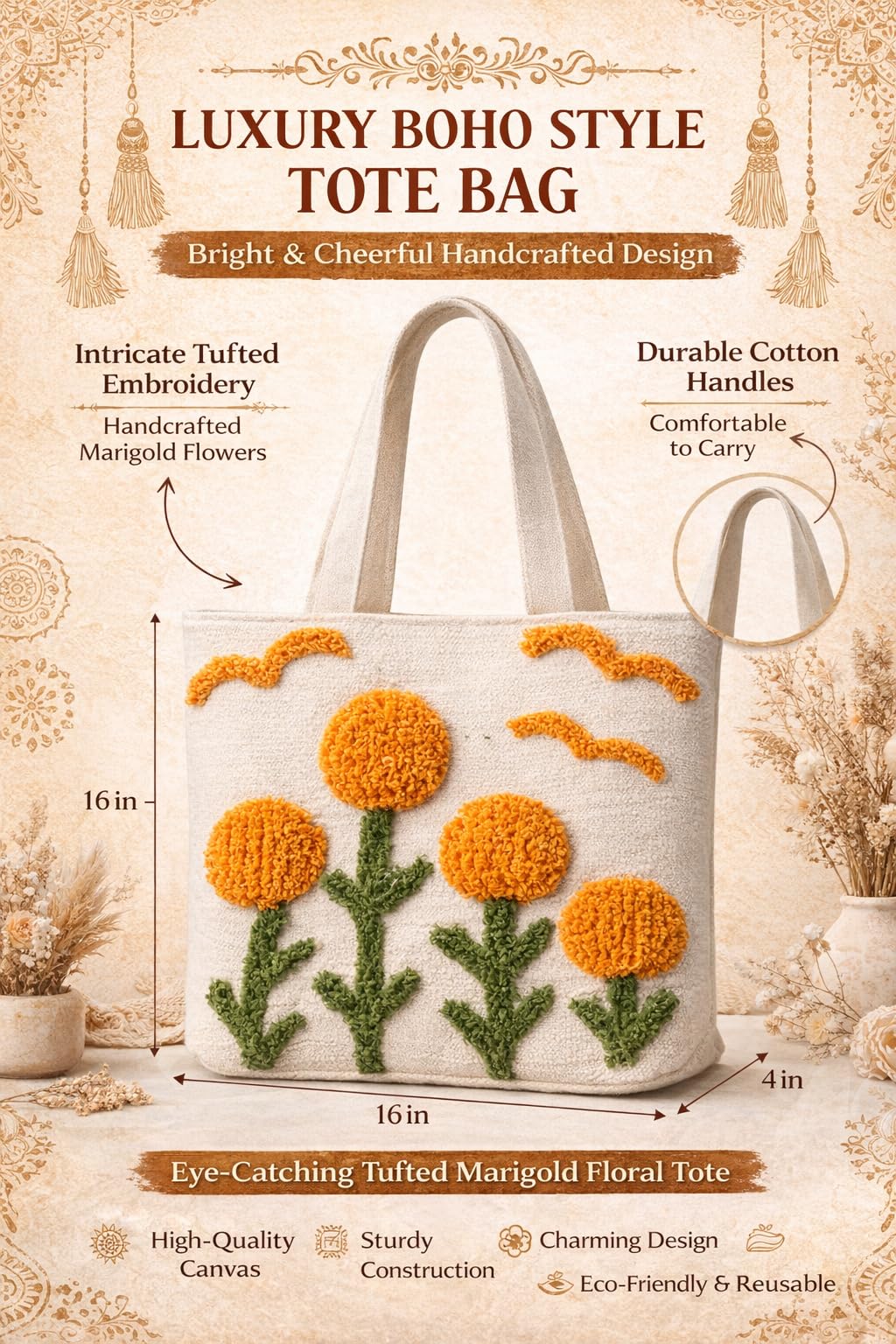 OLL OO LA LA BEAUTY Handcrafted Floral Tufted Tote Bag for Women | Cotton Canvas Shoulder Bag with 3D Daisy Design | Lightweight Reusable Shopper, Casual Everyday Handbag for Work, Travel & Gifting