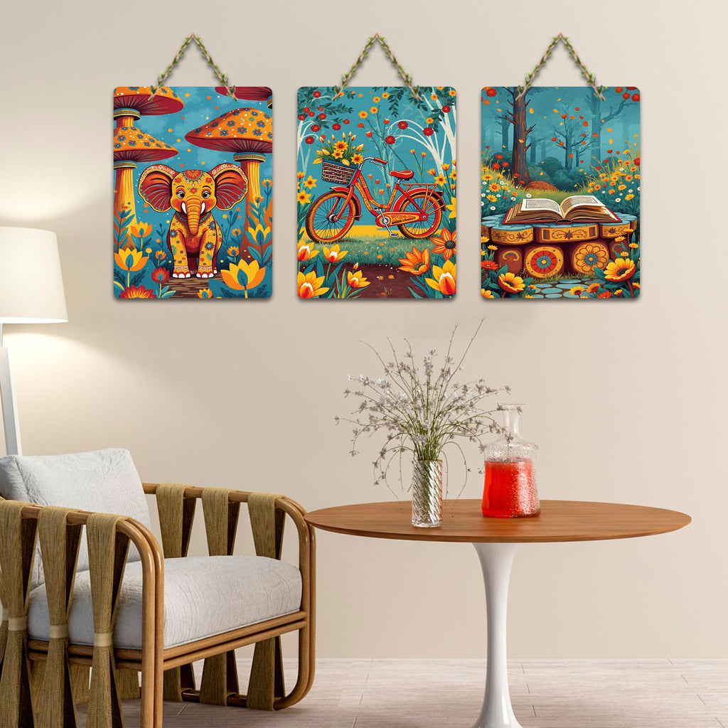 Artvibes Cute Little Elephant Bicycle & Book Wall Art Wooden Art Decoration Item for Home | Festive Decor Art | Wall Sculpture | Scenery | Wall Illustrations | Unique Gift Items (WH_9658N), Set of 3