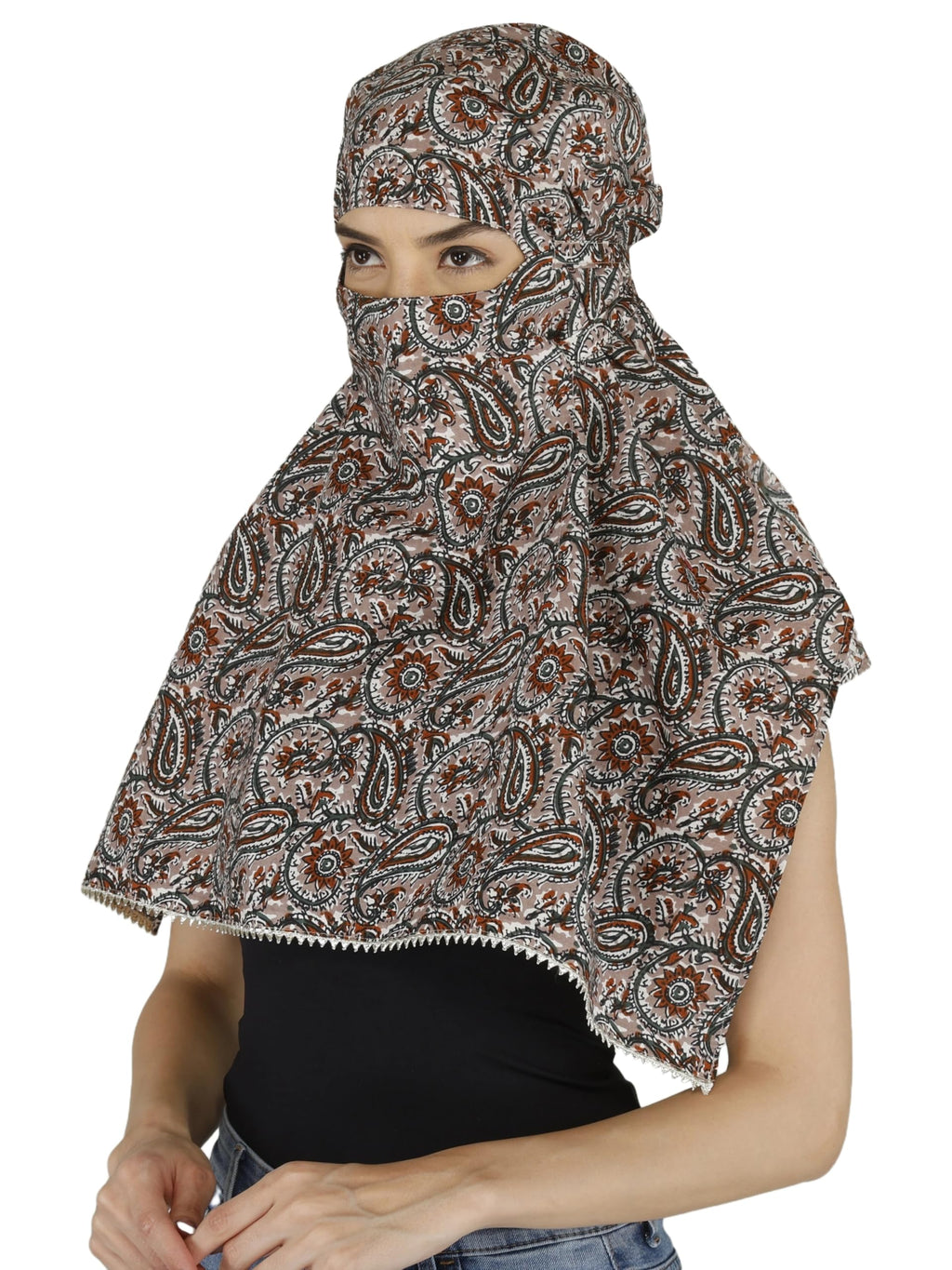 DEEPNYRA - LIVING STYLE Women and Girls Printed Scarf Cum Face Cover Mask Head Neck Face Safety Sun Protection Scarf Mask Head Bandana Wrap Pure Cotton Printed Stole (Grey Paisley)