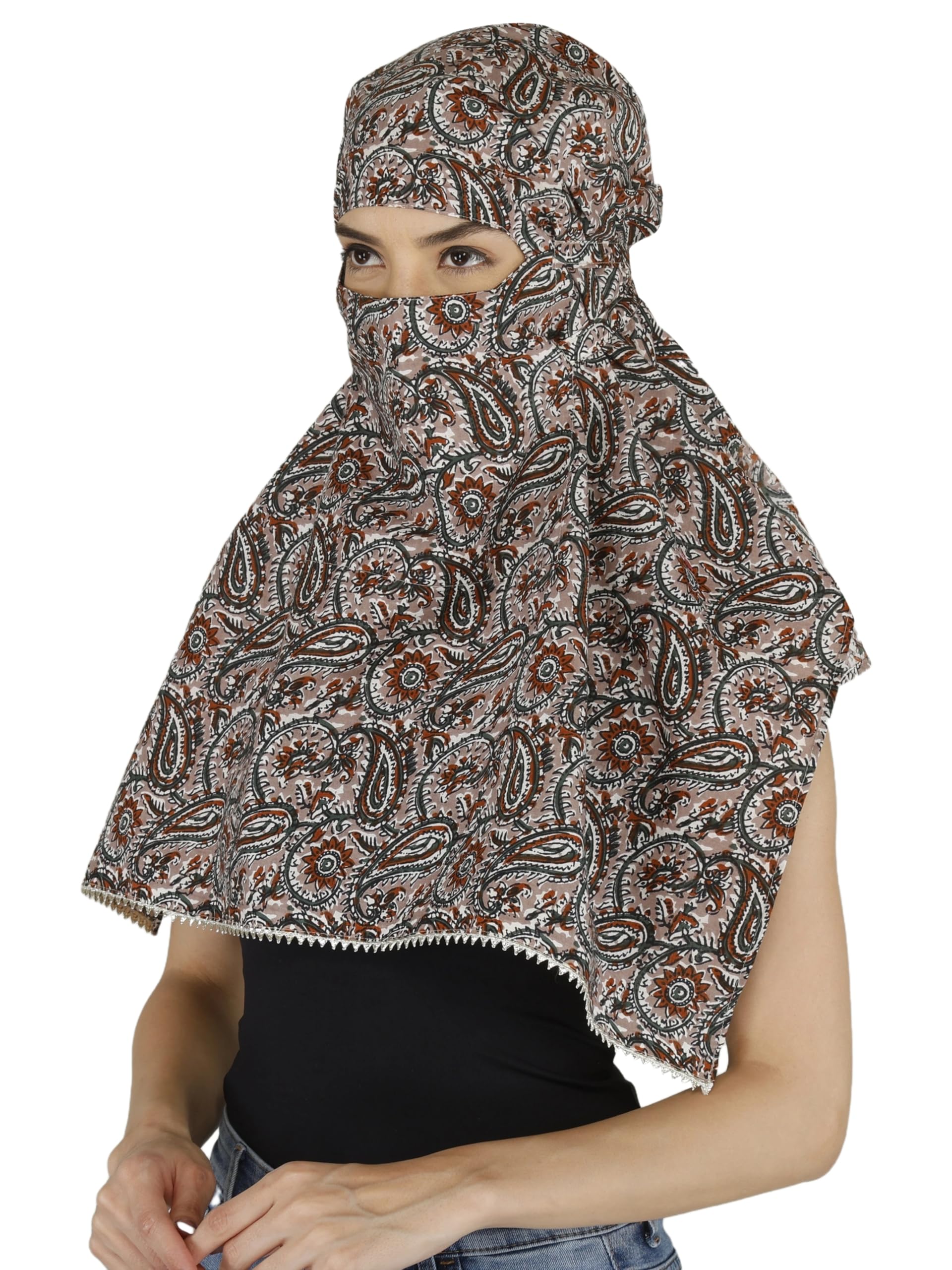DEEPNYRA - LIVING STYLE Women and Girls Printed Scarf Cum Face Cover Mask Head Neck Face Safety Sun Protection Scarf Mask Head Bandana Wrap Pure Cotton Printed Stole (Grey Paisley)