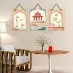 Artvibes Cultural Indian Royal Arch & Lotus Traditional Wooden Wall Hanger for Home Decor | Living Room | Art For Wall | Modern Artwork | Wall Illustrations | Unique Gift Items (WH_9663N), Set of 3