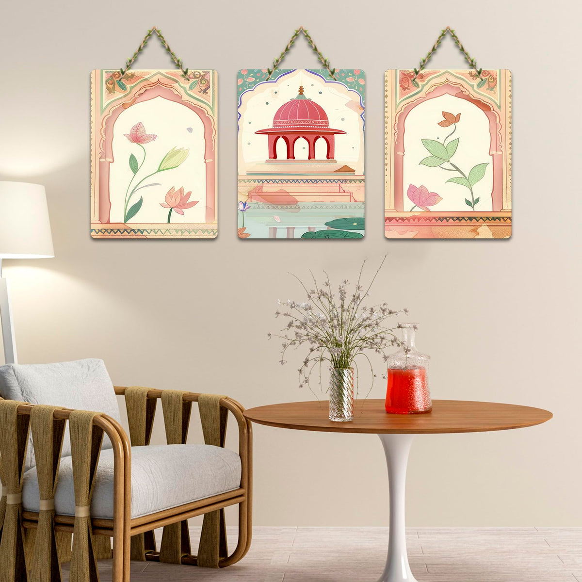 Artvibes Cultural Indian Royal Arch & Lotus Traditional Wooden Wall Hanger for Home Decor | Living Room | Art For Wall | Modern Artwork | Wall Illustrations | Unique Gift Items (WH_9663N), Set of 3