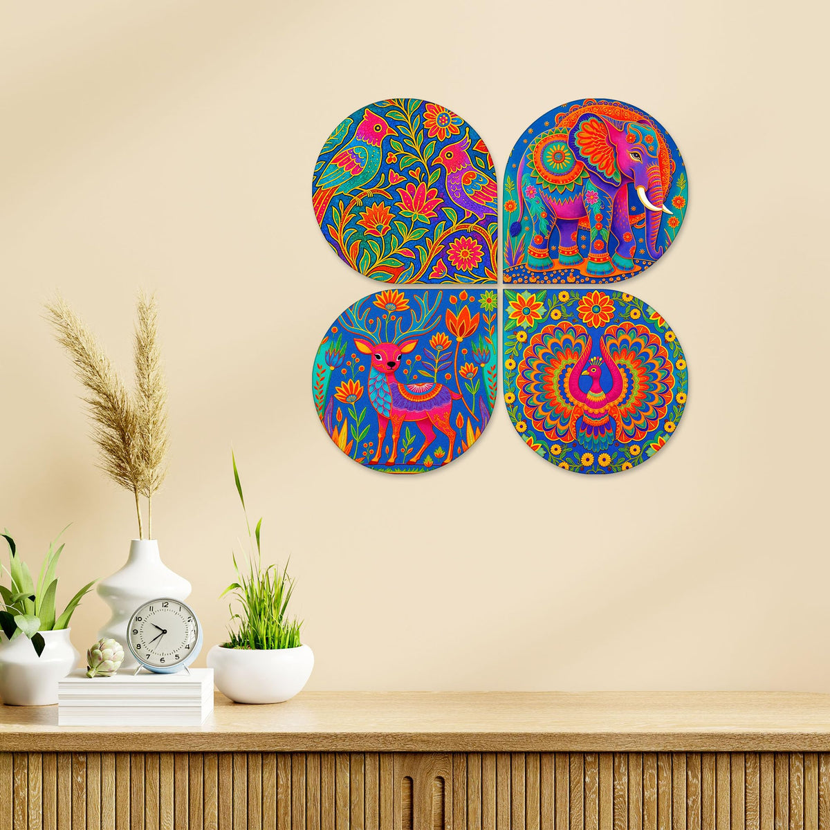 Artvibes Nature & Wildlife Wooden Wall Hanger for Home Decor | Art For Wall | Door Decoration Items | Paintings For Wall | Wall Art Print | Handcrafted Art | Unique Gift Items (WH_8449N), Set of 4