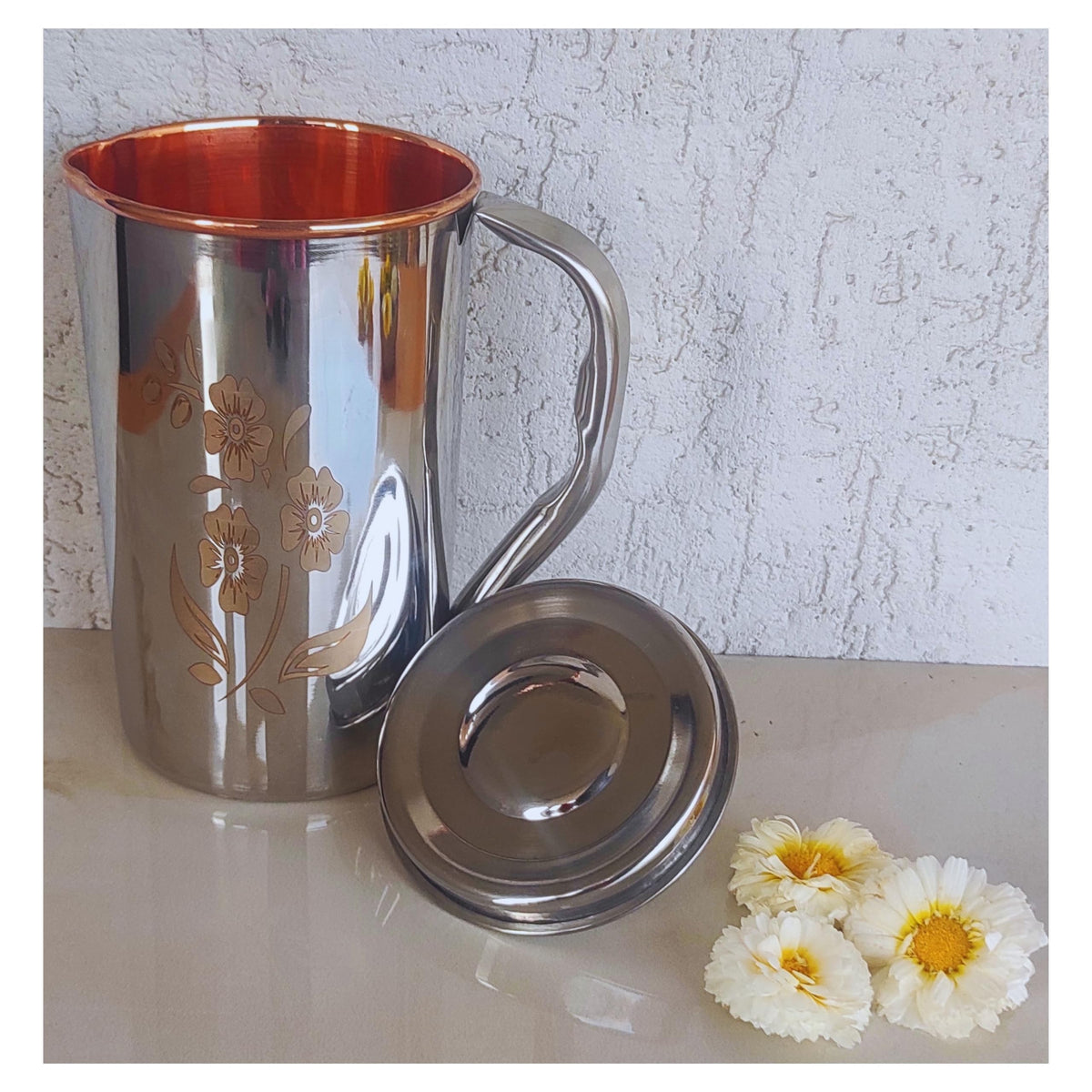 Indian Art Villa Steel Copper Floral Design Jug Pitcher with Lid, Storage & Serving Water, Beneficial for Health, Volume-2000 ML