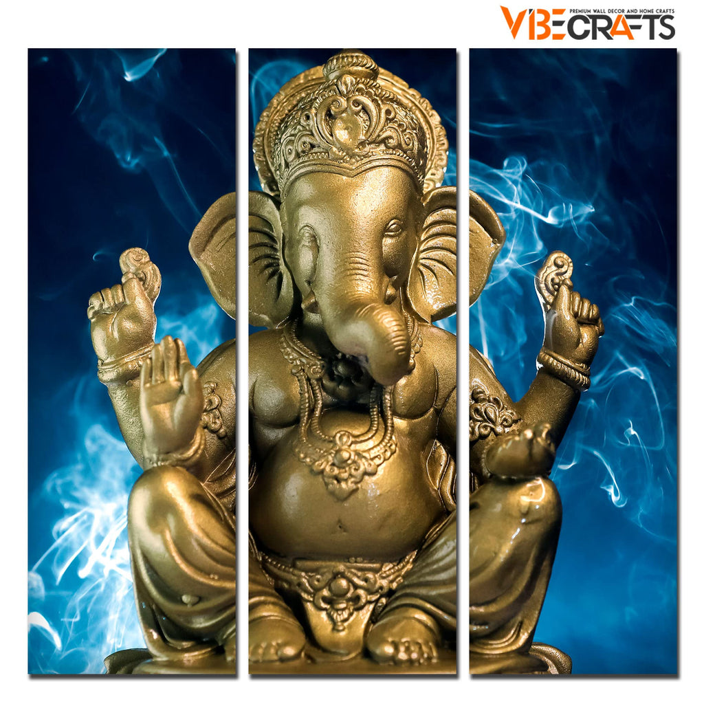 VIBECRAFTS 3 Pieces Sculpture Golden Shree Ganesha Canvas Wall Painting Fitted With Wooden Frame For Home | Office | Living Room | Gifts (PTVC3Pcs1_9567)