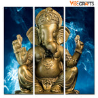 VIBECRAFTS 3 Pieces Sculpture Golden Shree Ganesha Canvas Wall Painting Fitted With Wooden Frame For Home | Office | Living Room | Gifts (PTVC3Pcs1_9567)