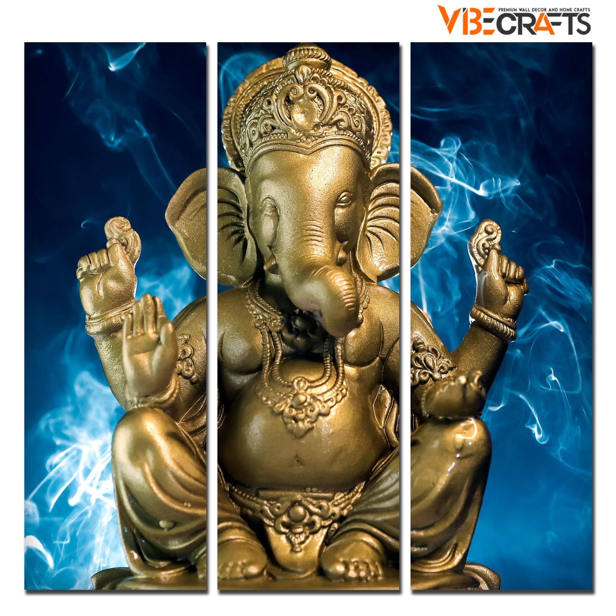 VIBECRAFTS 3 Pieces Sculpture Golden Shree Ganesha Canvas Wall Painting Fitted With Wooden Frame For Home | Office | Living Room | Gifts (PTVC3Pcs1_9567)