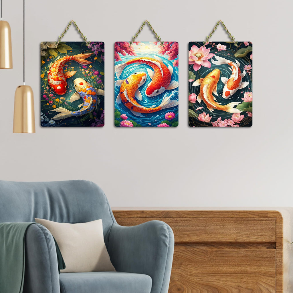 Artvibes Koi Fish Art Home Decorative Wall Art MDF Wooden Wall Hanger for Living Room | Wall Sculpture | Signs & Plaques | Graphic Artwork | Poster | Wall Accents | Unique Gift (WH_96169N), Set of 3