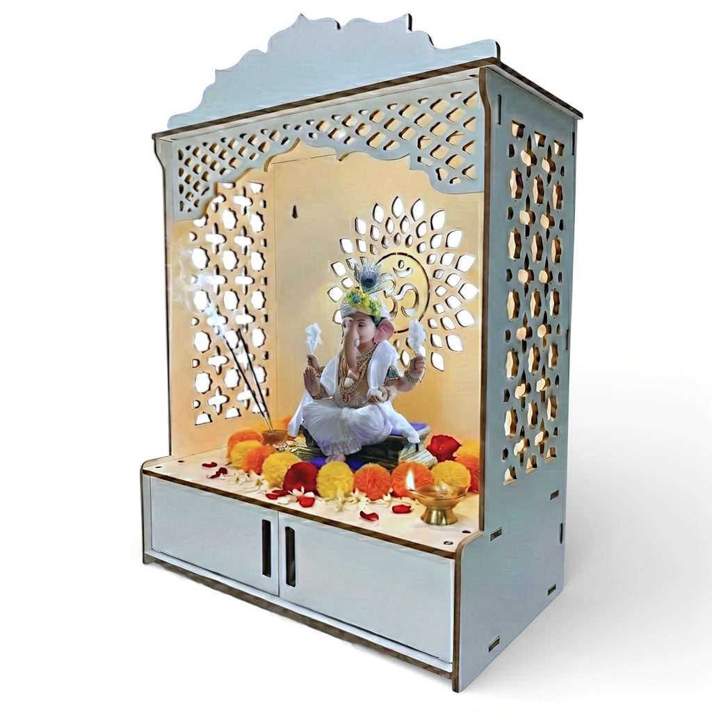 Devson Beautiful Wooden Temple | White MDF Pooja MANDIR for Home and Office use with LED SPOT Light | Engineered Wood Pooja Stand with Storage Shelves | Size - H 21 x L 16 x W 9 inch | S15DRWRW