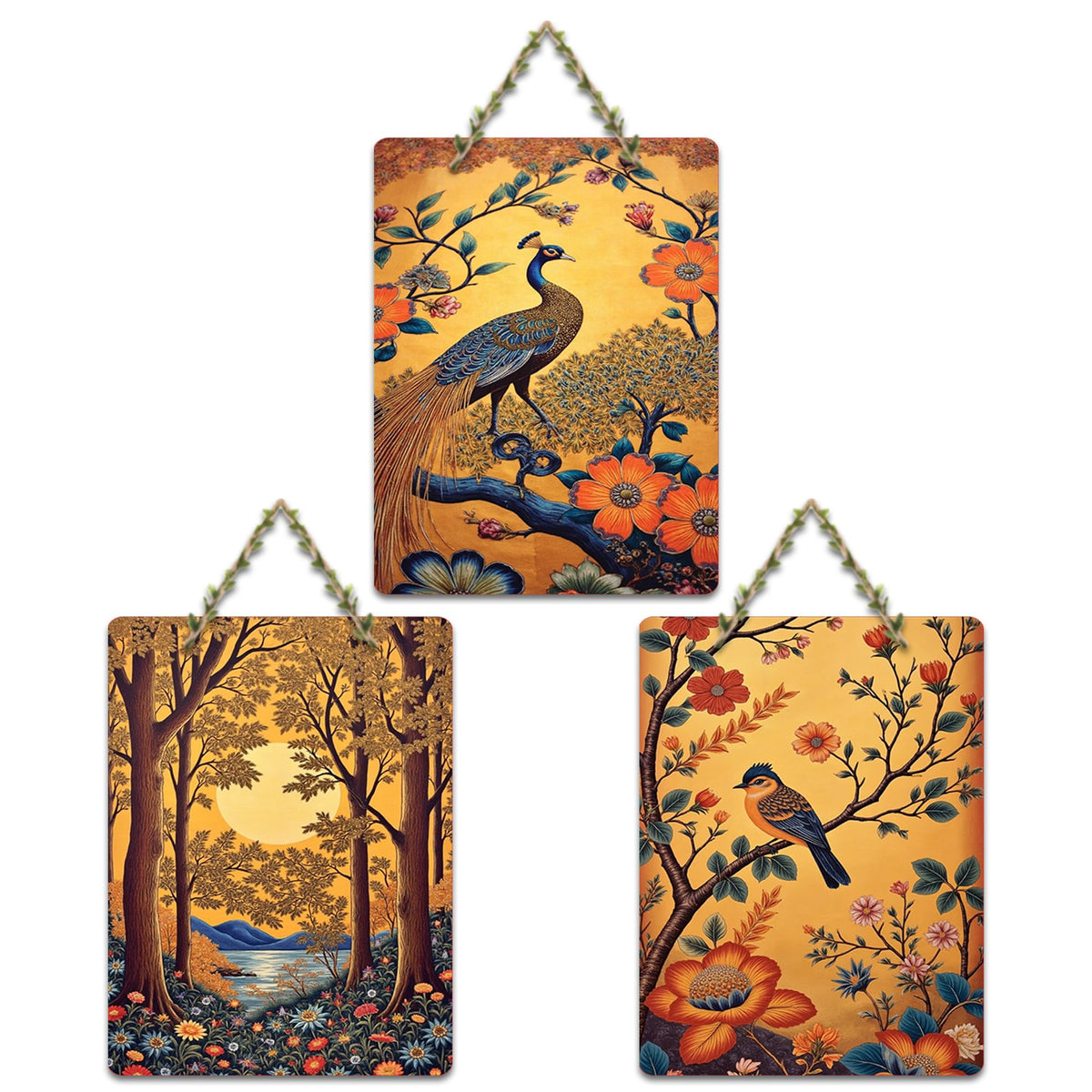 Artvibes Colorful Peacock & Forest Harmony Artistic Decorative MDF Wooden Wall Art for Home | Handcrafted Art | Graphic Artwork | Wall Illustrations | Sceneries | Gift Items (WH_9618N), Set of 3