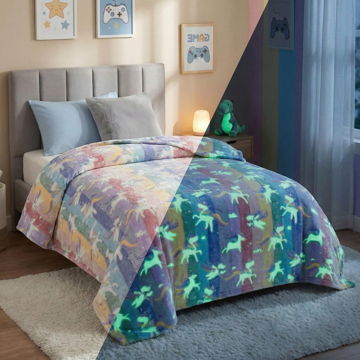 BSB HOME Glow in The Dark Kids Blanket Single Bed Size, Soft Fleece Luminous Bed Throw, Cozy Lightweight Blanket for Boys & Girls (60 x 90 in / 152 x 229 cm) (Unicorn Print - Red Blue & Lavander) Kafalo