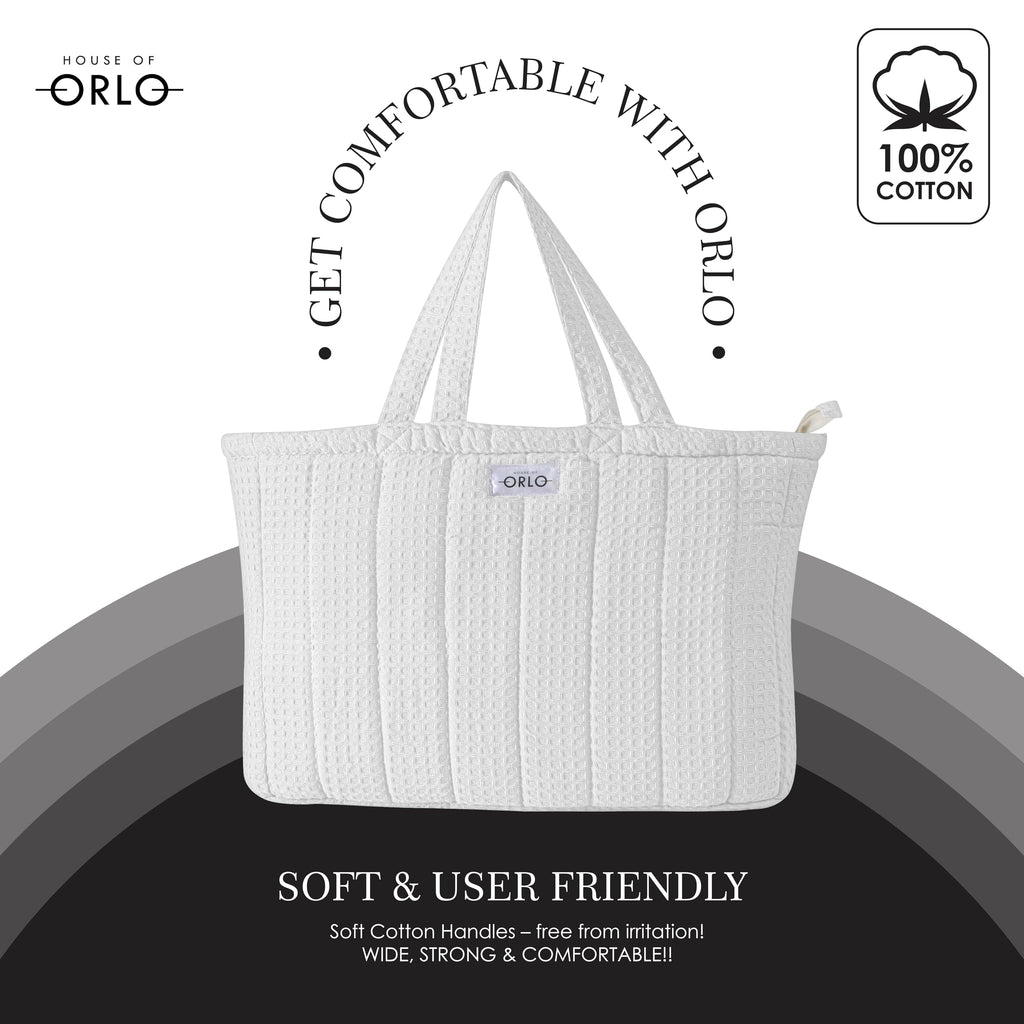 HOUSE OF ORLO Premium Cotton Waffle Quilted Tote Bag, Large Spacious Handbag for College, Office, Work, Travel, Shopping & Daily Use - White