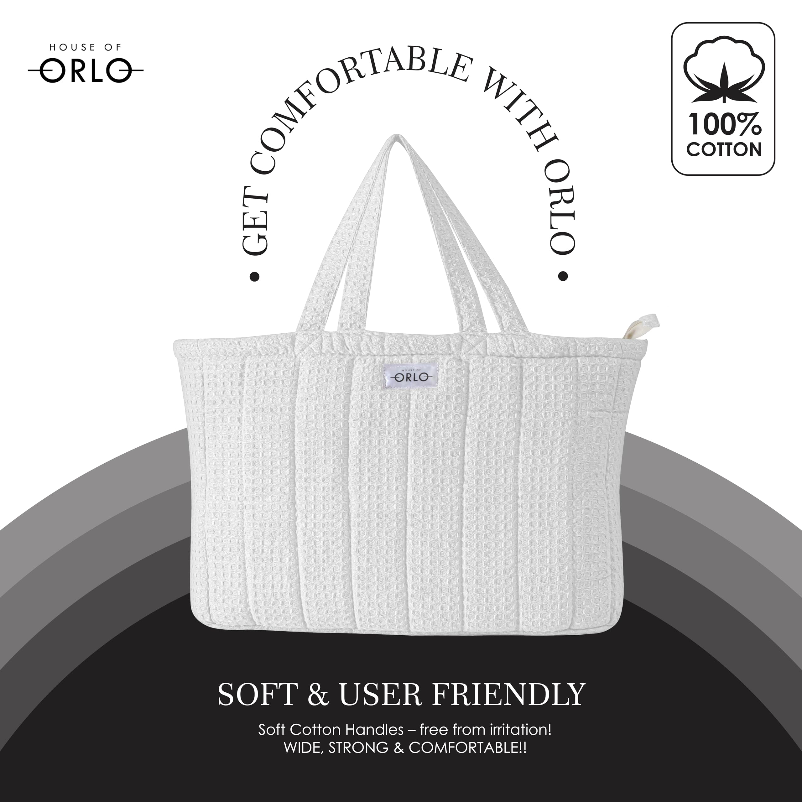 HOUSE OF ORLO Premium Cotton Waffle Quilted Tote Bag, Large Spacious Handbag for College, Office, Work, Travel, Shopping & Daily Use - White