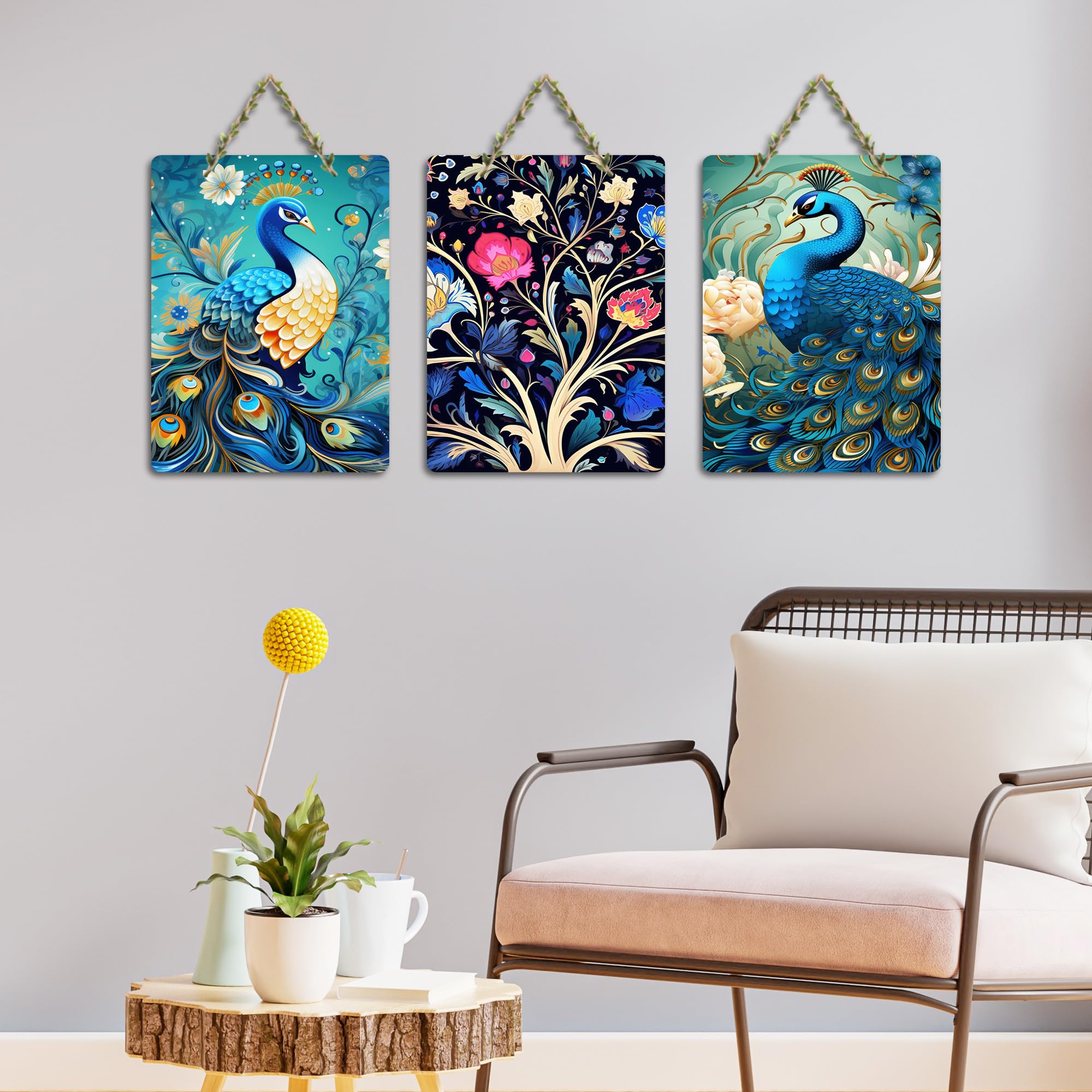 Artvibes Beautiful Peacock Wooden Art Decoration Item for Living Room | Festive Decor Art | Wall Art Painting For Hall | Graphic Artwork | Wall Art Print | Unique Gift Items (WH_96164N), Set of 3