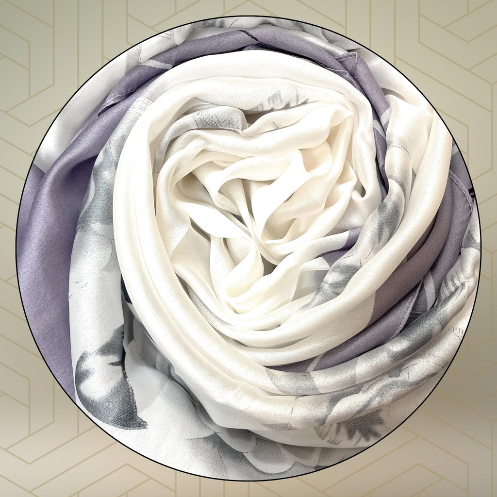 FAHABO Silk Scarf for Women – Soft, Lightweight Silk-Blend Hijab & Stole | Elegant Neck/Head Wrap Shawl | 73 x 35 Inches (Silver, Off White)