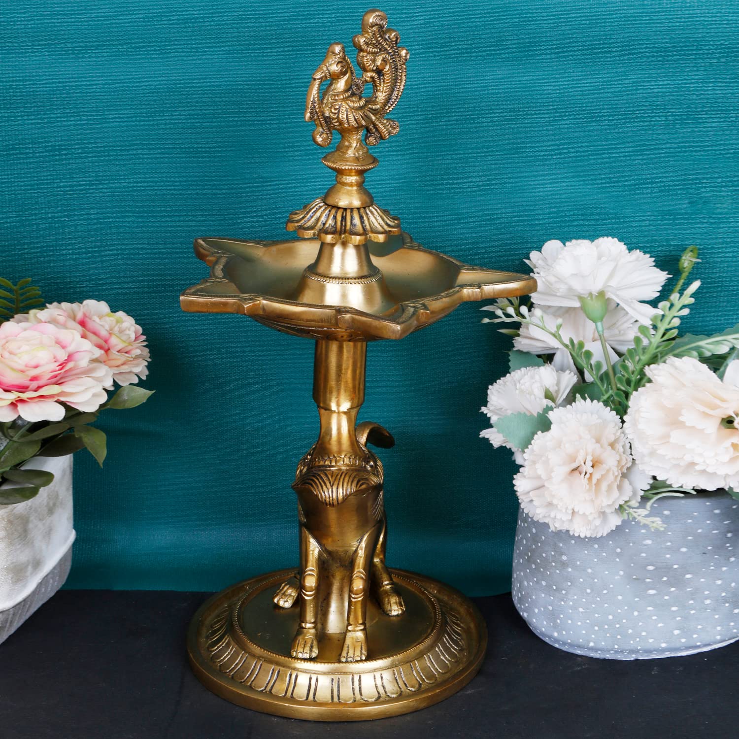 Artvarko Peacock Diya Table Oil Lamp Brass Traditional Handmade Designer Lamp for Temples Puja Festival Gifts & Home Décor Height: 12 Inch
