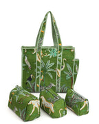 NIKAVIK 1 Tote Bags and 3 Pouch Quilted fabric Handblock Printed Tote Bag(with zip) and bottle compartment with Matching Pouches (Green)