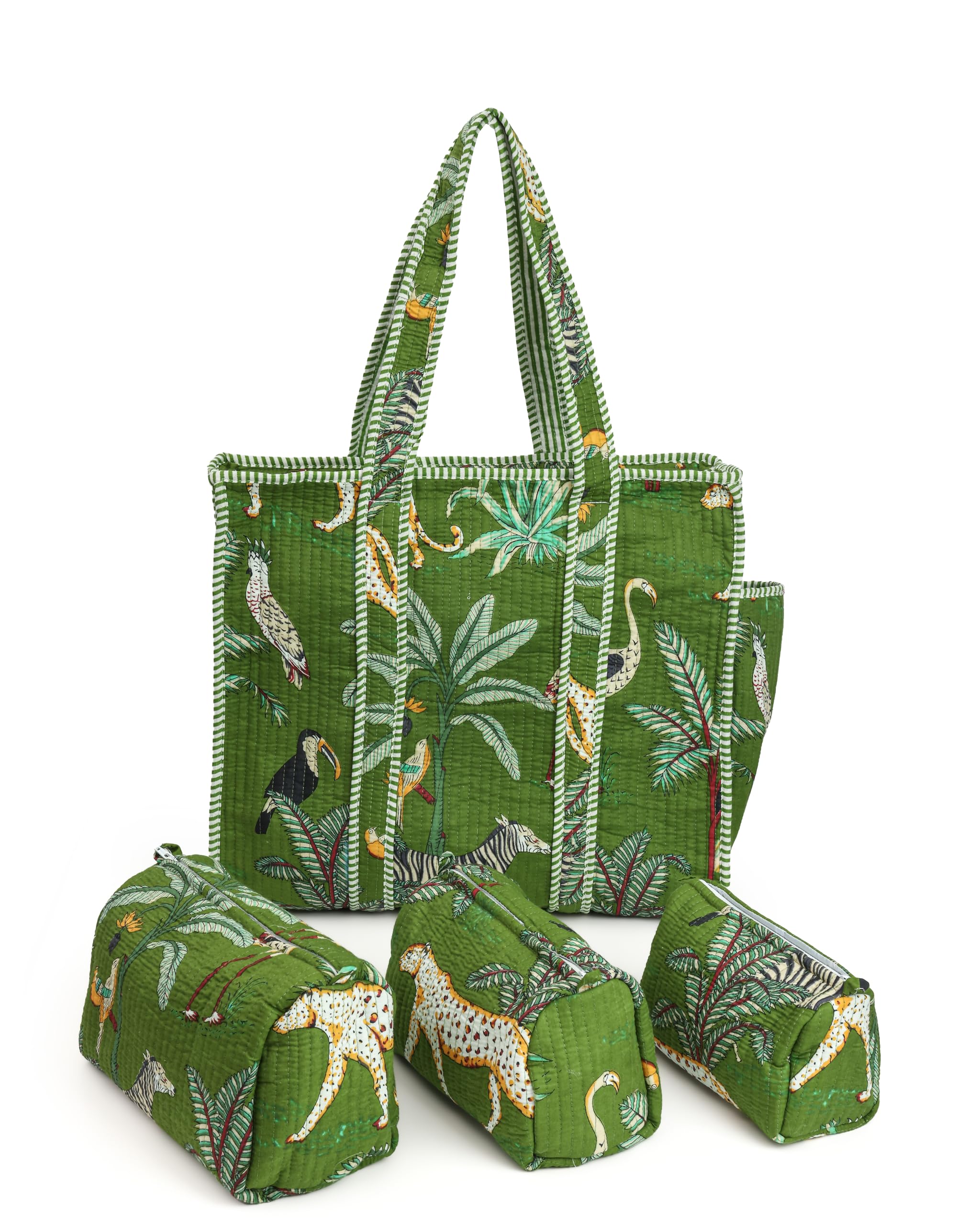 NIKAVIK 1 Tote Bags and 3 Pouch Quilted fabric Handblock Printed Tote Bag(with zip) and bottle compartment with Matching Pouches (Green)