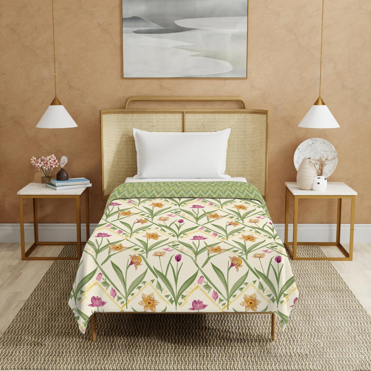 Urban Space 100% Cotton Malmal Single Bed Dohar, All Season Reversible Blanket, Soft, Lightweight And Breathable AC Dohar/Quilt/Blanket/For Bed, Sofa AC Blanket (58 X 95 Inch, Spring Sage),Multicolor Kafalo