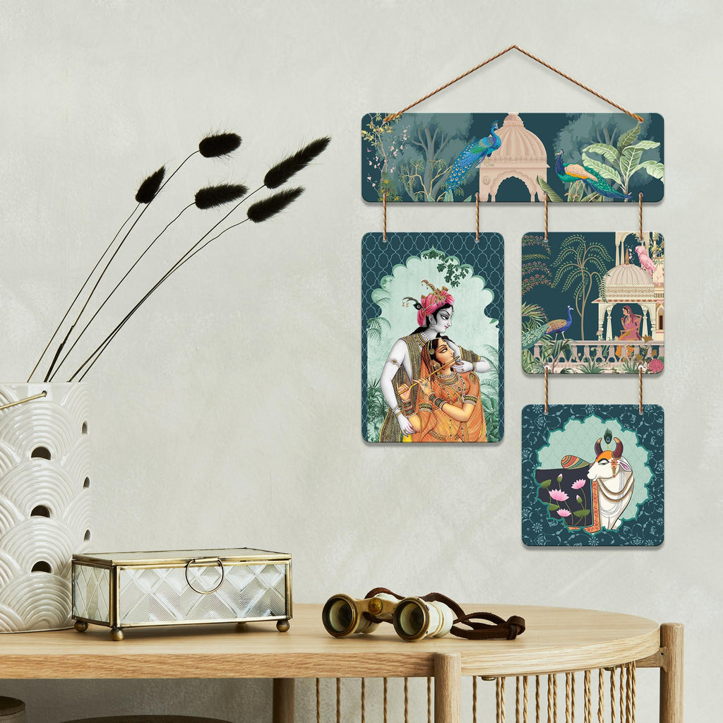 Artvibes Indian Devotional Pichwai Art Shri Radha & Krishna Wooden Wall Hanger for Home | Spiritual Decor Items | Wall Poster | Artwork| Stylish Modern Decor Item | Gift Items (WH_6532N)
