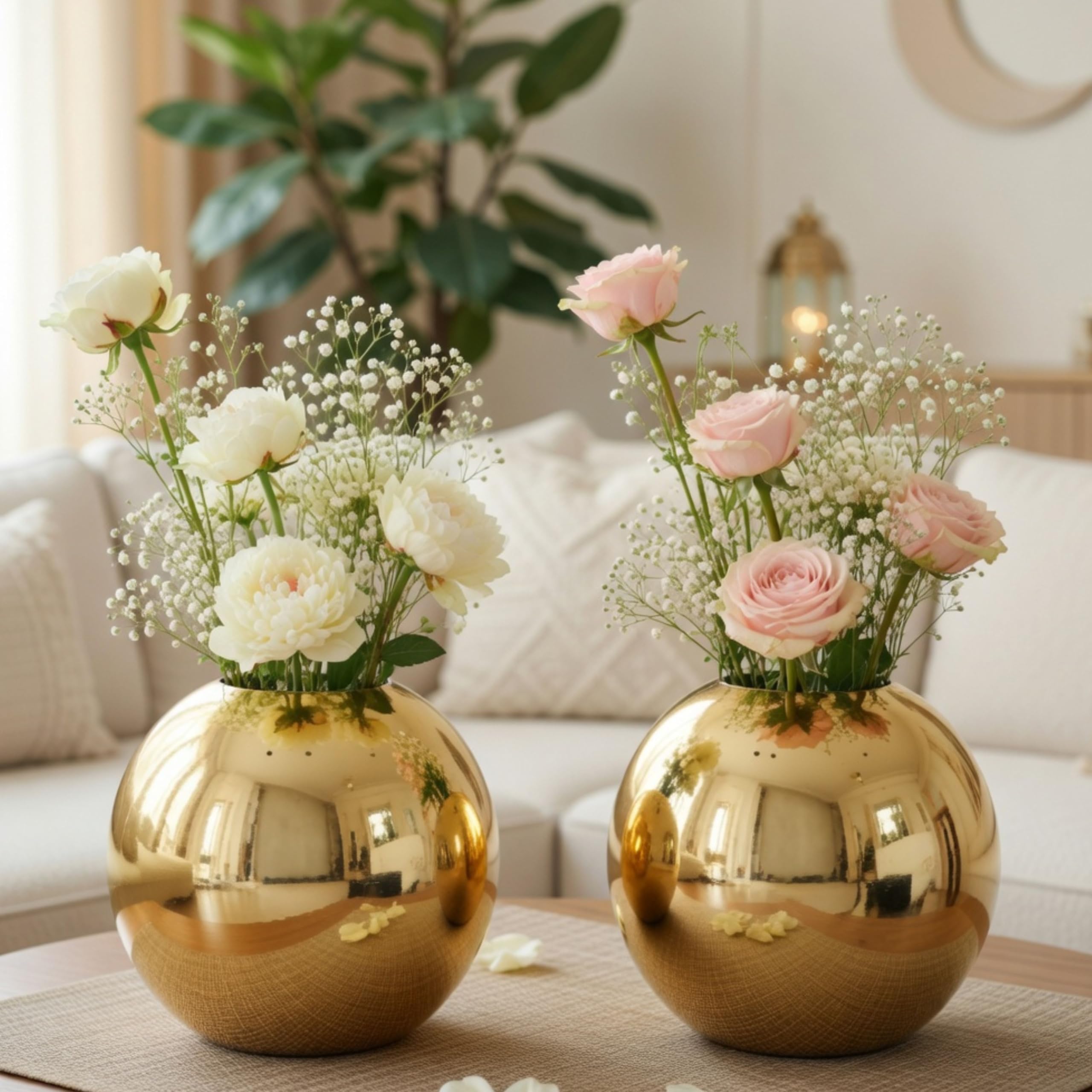 BEHOMA Metal Ball Round Metal Vase Set, Gold - Set of 2
