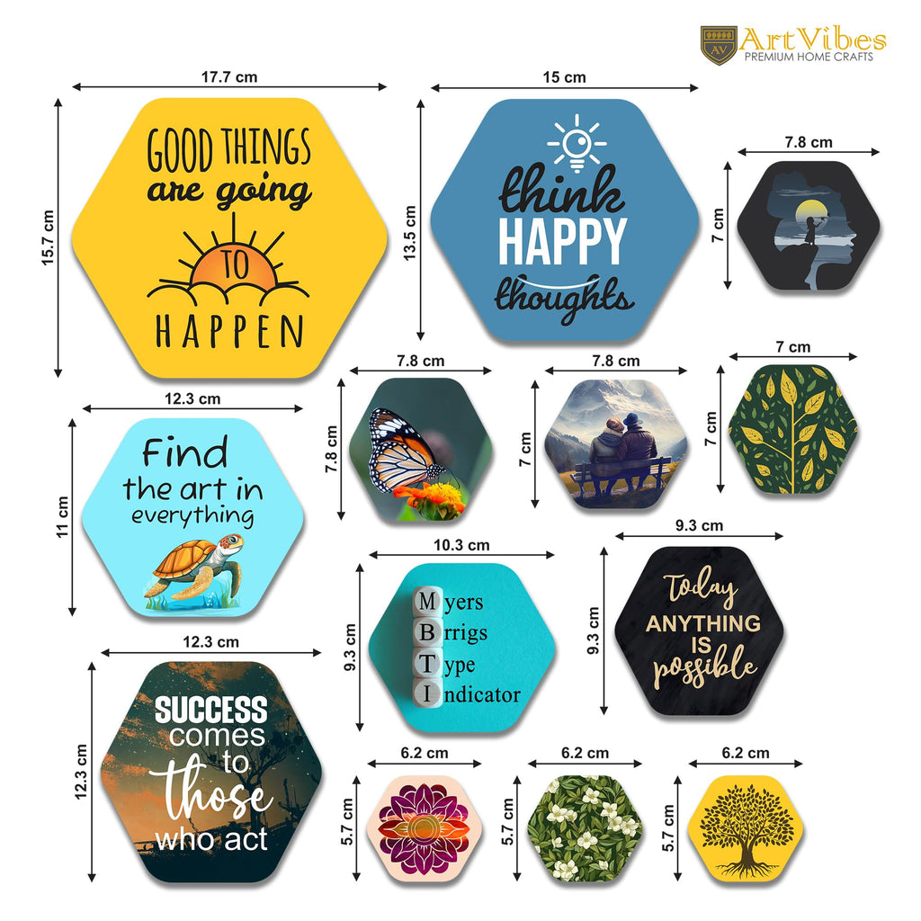 Artvibes Think Happy Thoughts Hexagon Shape MDF Wooden Wall Decor Items | Quotes Decor Item | Wall Poster | Office Decor | Wall Art Print | Inspirational quotes | Gift Items (WPS_230N), Set of 13