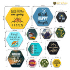 Artvibes Think Happy Thoughts Hexagon Shape MDF Wooden Wall Decor Items | Quotes Decor Item | Wall Poster | Office Decor | Wall Art Print | Inspirational quotes | Gift Items (WPS_230N), Set of 13