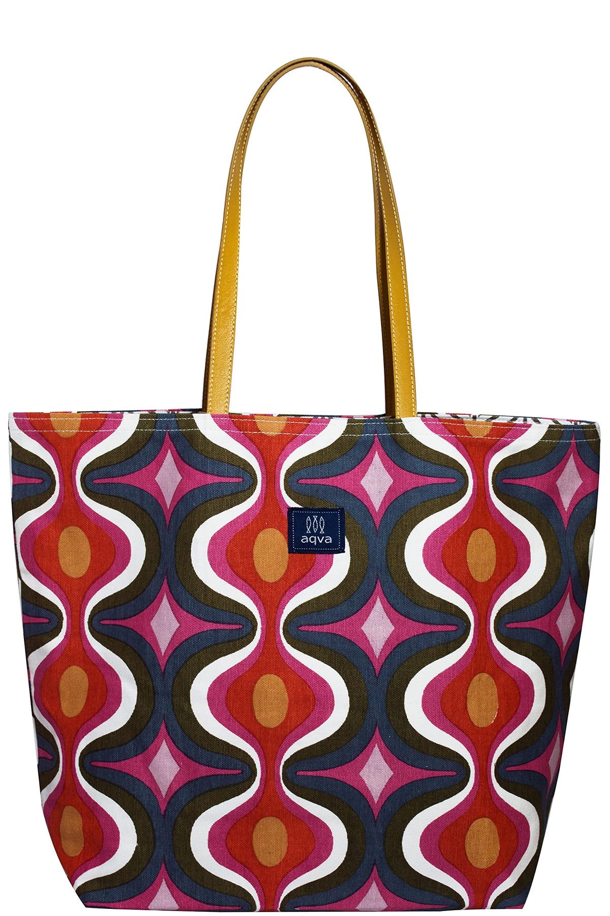 AQVA Printed Reversible Cotton Canvas Tote Bag for Women | Trendy Stylish Multipurpose Handbag with Zip Pockets | Shoulder Bag for Shopping, Grocery, Travel, Beach & Work | Waves