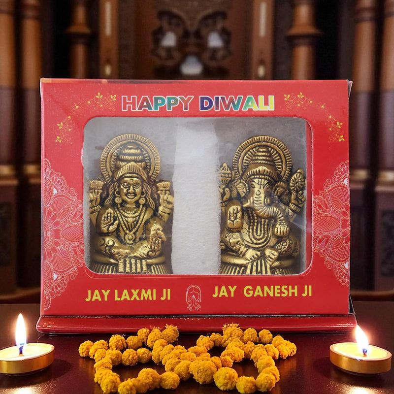 KridayKraft Metal Laxmi & Ganesh Idol Pair – Gold-Finish Mini Statues (7.5 cm × 4 cm Each), 160 g – Auspicious Home Puja Decor & Diwali Gift