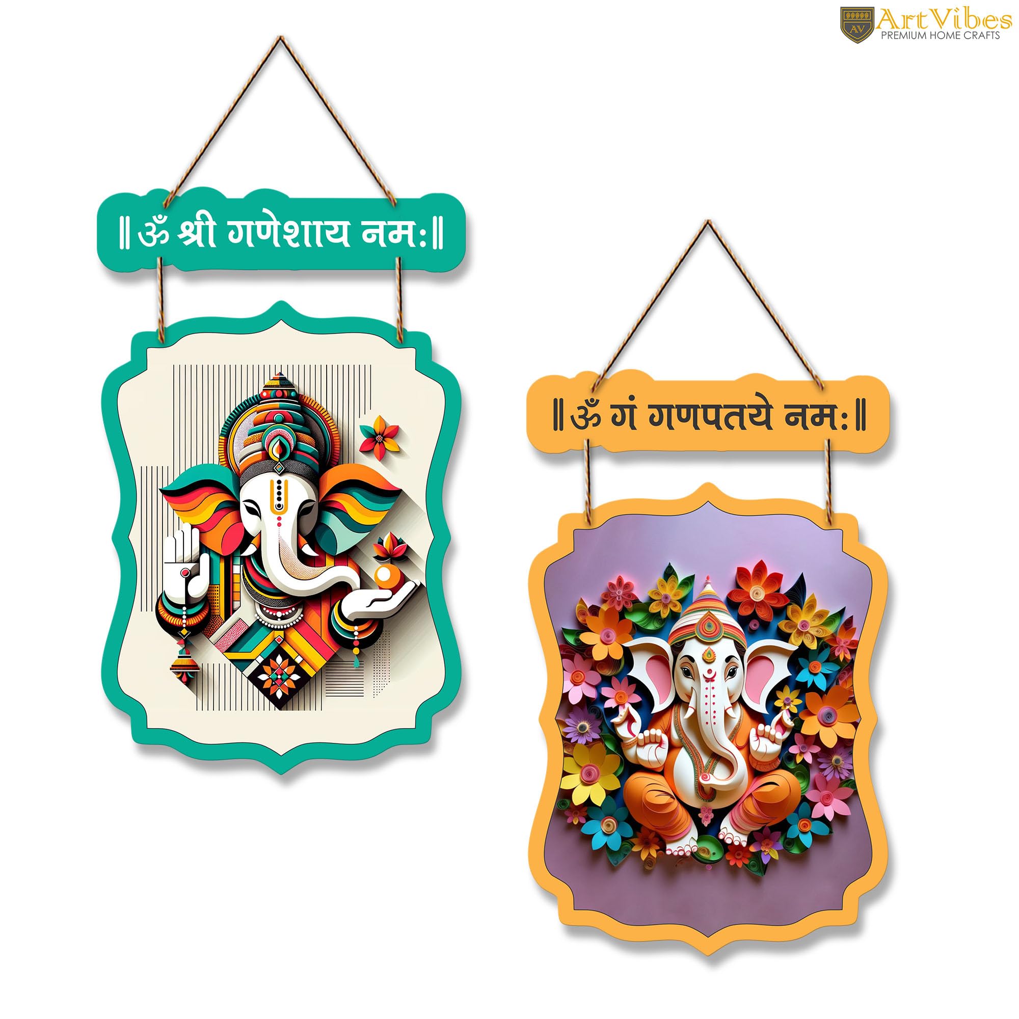 Artvibes Shri Ganesh Auspicious Wooden Art Work Wall Hanging | Spiritual Decor Items | Paintings | Wall Illustrations | Handcrafted Art| Stylish Modern Decor Item | Gift Items (WH_9719N), Set of 2
