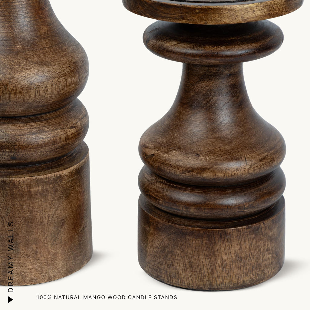 DREAMY WALLS Wooden Candle Holder Stand - Set of 2 Mango Wood Candle Stands for Home Decor with Glass, Dining Table Centerpiece, Round Pillar Candle Holder, Decorative Candle Stands for Home Decor