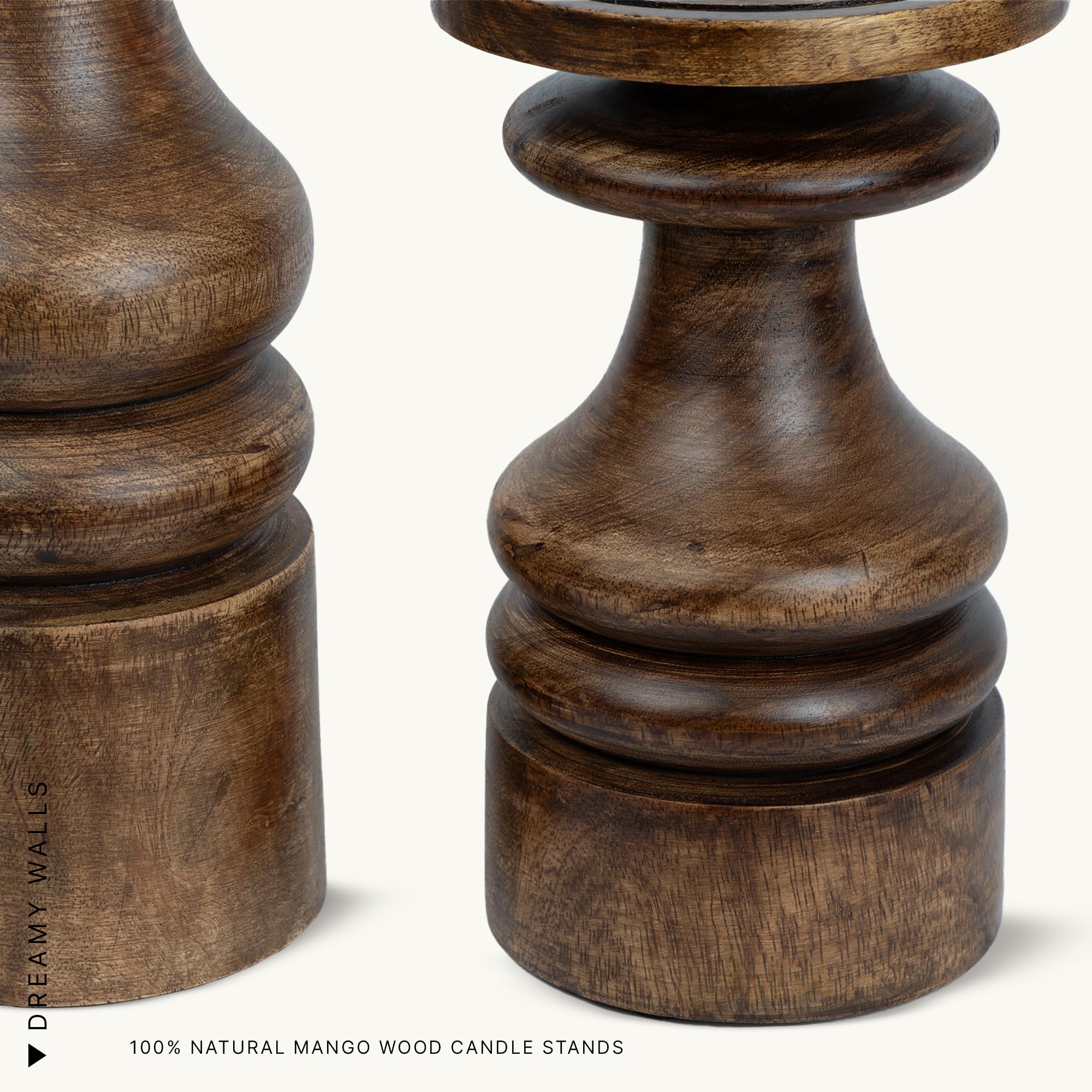 DREAMY WALLS Wooden Candle Holder Stand - Set of 2 Mango Wood Candle Stands for Home Decor with Glass, Dining Table Centerpiece, Round Pillar Candle Holder, Decorative Candle Stands for Home Decor