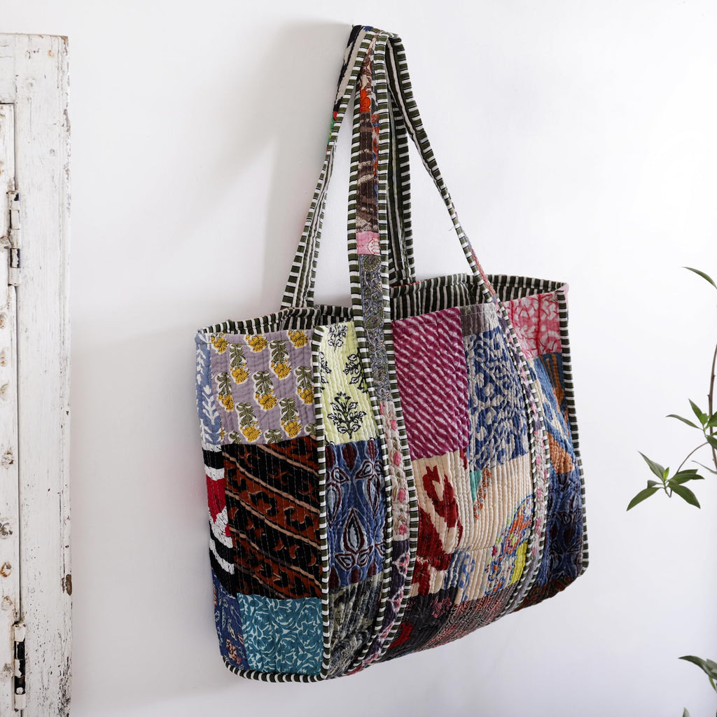 Ravaiyaa - Attitude is everything Patchwork Quilted Tote Bag Women Reversible Shoulder Bag Cotton Carry Bag Multipurpose Tote Bags (Multi)