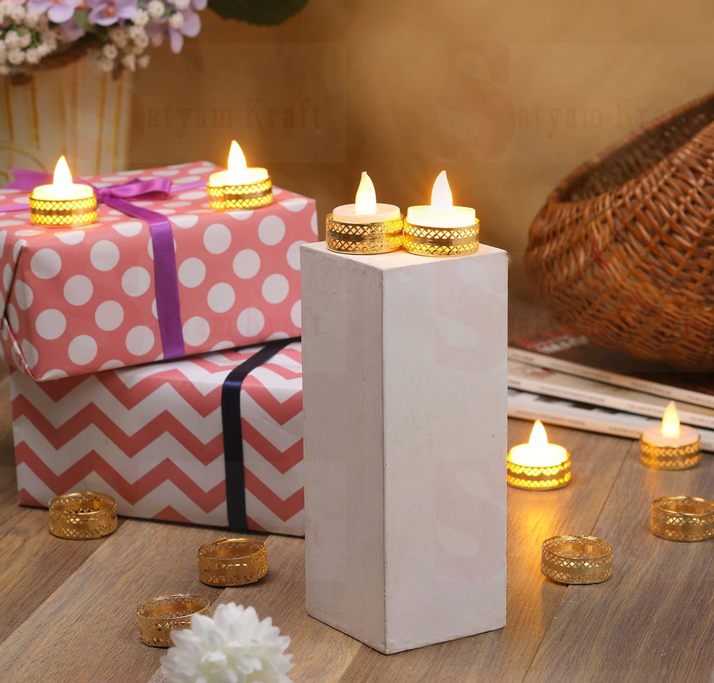 SATYAM KRAFT 12 Pcs Metal Tealight Candle Holders Golden Round Decorative Diya Stand for Pooja Thali Home & Office Decor | Ideal for Gifting Wedding New Year Festivals & Events Craft uses
