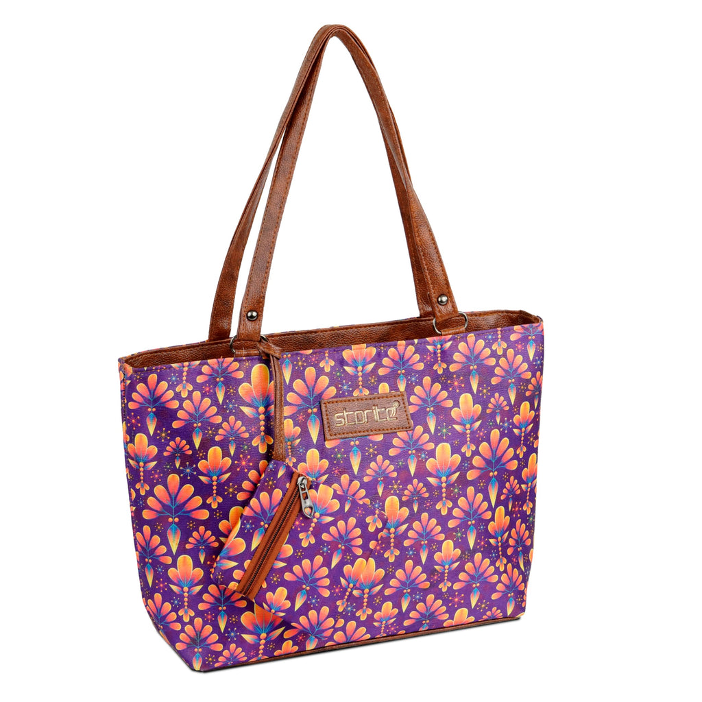 Storite Women’s Tote Bag with Pouch | Large Capacity Kashmir Blooms Printed Shoulder Handbag | Lightweight Travel Office Shopping College Carry Bag with PU Leather Handles - Purple